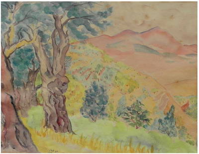 Hanna Eshel (American - Israeli - French, b. Jerusalem 1926): Olive trees in Jerusalem in the landscape of the Judean desert, 1952, Watercolor on paper, 42 x 50 cm, Signed and dated