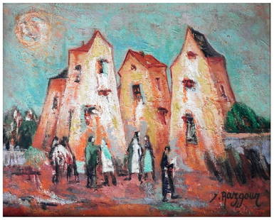 Yehuda Razgour (French - Polish, 1914-1979): Figures near houses in the landscape, Oil on canvas, 32 x 40 cm, Signed