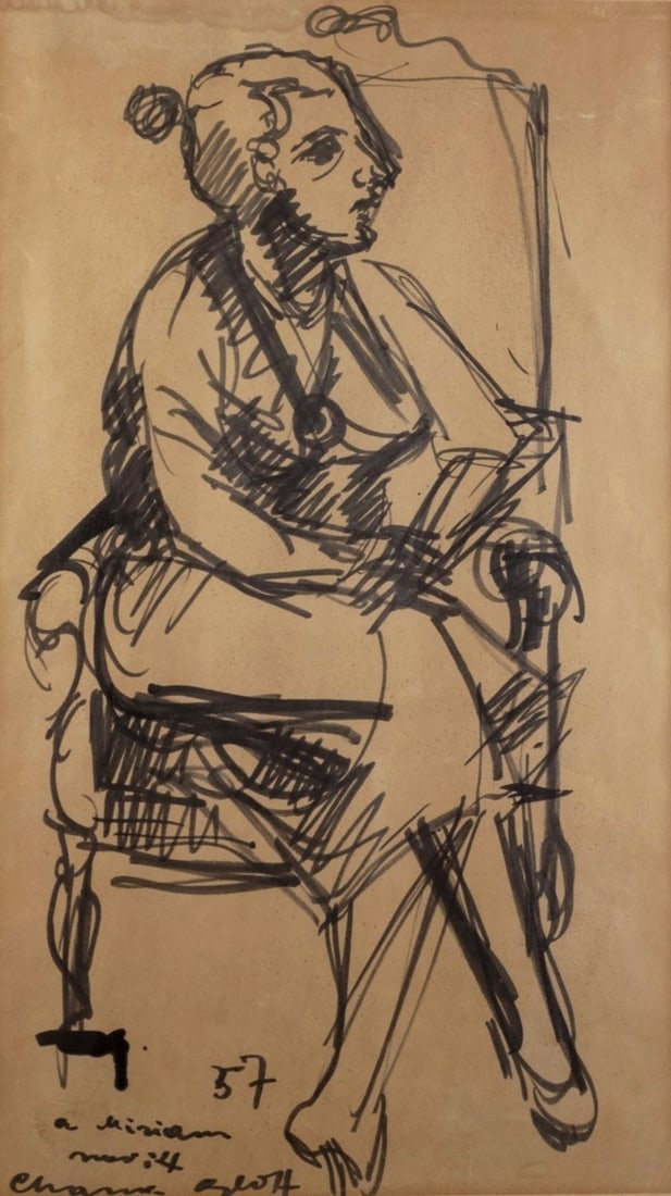 Chana Orloff (French - Russian - Israeli, 1888-1968): Seated woman, 1957, Ink on paper, 47 x 27 cm, Signed, dedicated and dated