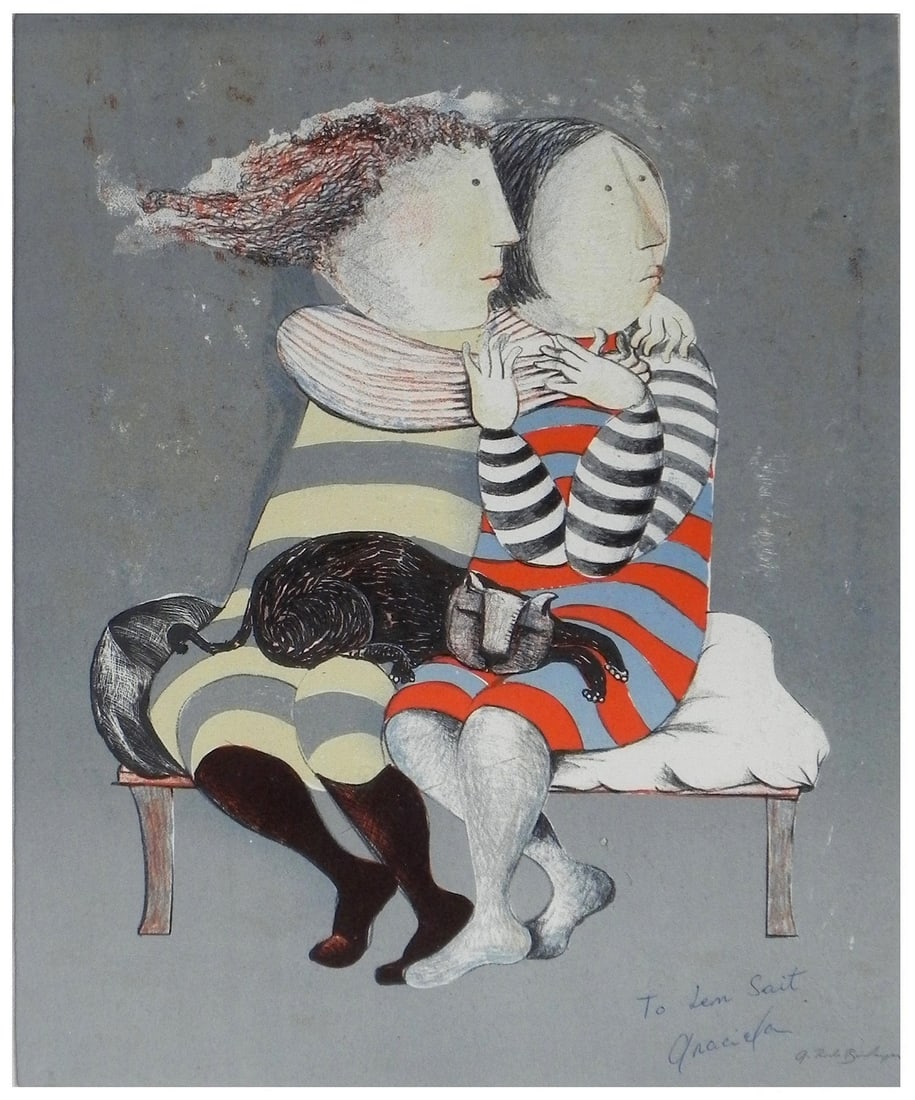 Graciela Rodo Boulanger (Bolivian, b. 1935): "Sisters with cat", Lithograph, 33 x 25 cm, Hand-signed and dedicated