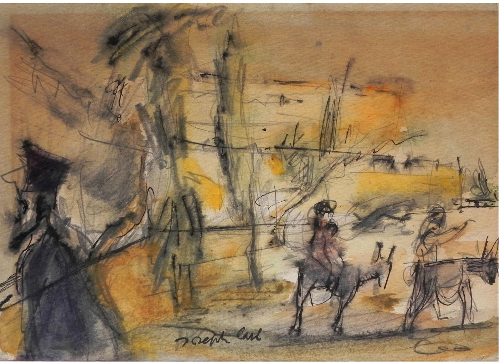 Joseph Carl (Israeli - Austrian, 1906-1993): View in Jerusalem with two donkeys, Watercolor on paper (attached to another paper), 18 x 25 cm, Signed