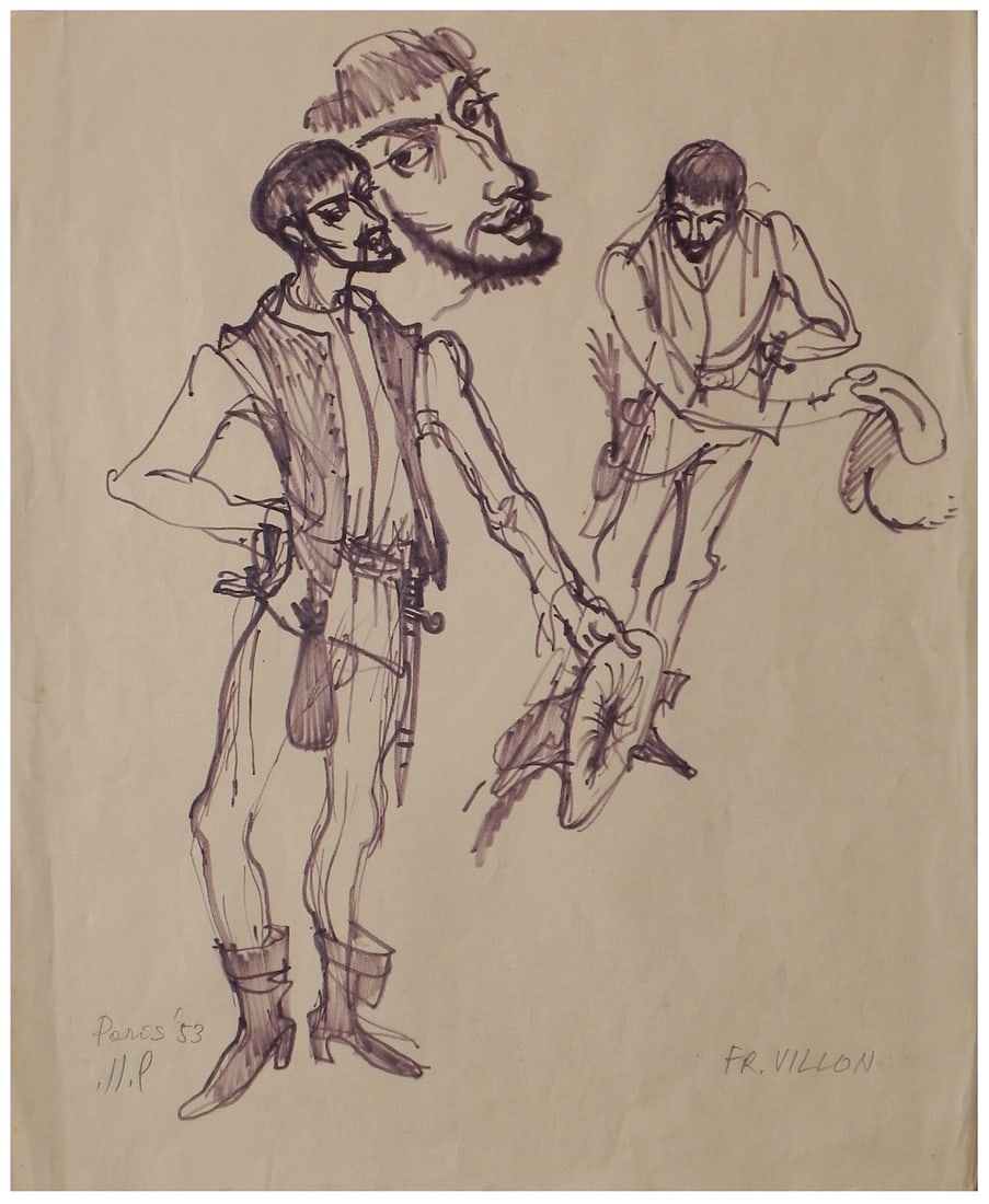 Shraga Weil (Israeli - Czech, 1918-2009): Figures in the theater, Paris, 1953, Felt-tipped pen on paper, 41 x 34 cm, Signed, dated and inscribed "Paris"