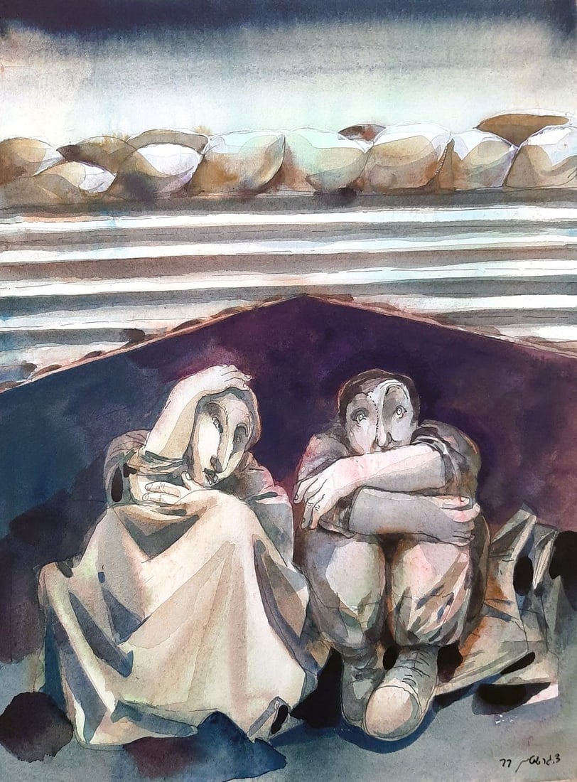 David Gerstein (Israeli, b. 1944): Two pensive figures, 1977, Watercolor on paper, 37 x 28 cm, Signed and dated