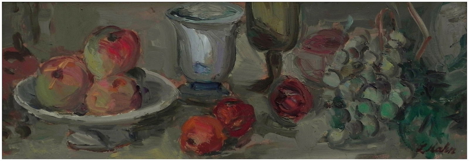 Leo Kahn (Israeli - German, 1894-1983): Still life with a plate of fruit and wine goblets, Oil on wood, 18 x 54 cm, Signed