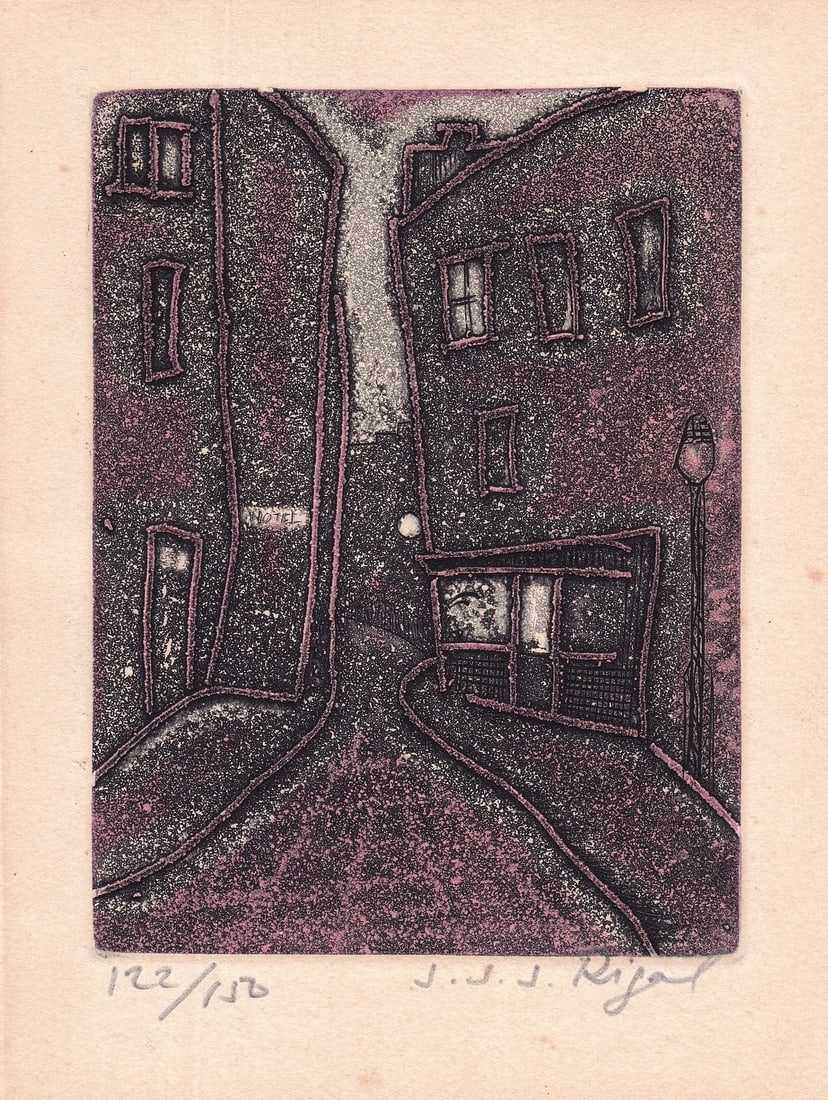 Jacques Jean Joachim Rigal (French, 1926-1997): An alley in the city, Aquatint, Plate: 12 x 9 cm / Sheet: 17 x 13 cm, Hand-signed and numbered "122/150" on recto, Dedicated on verso
