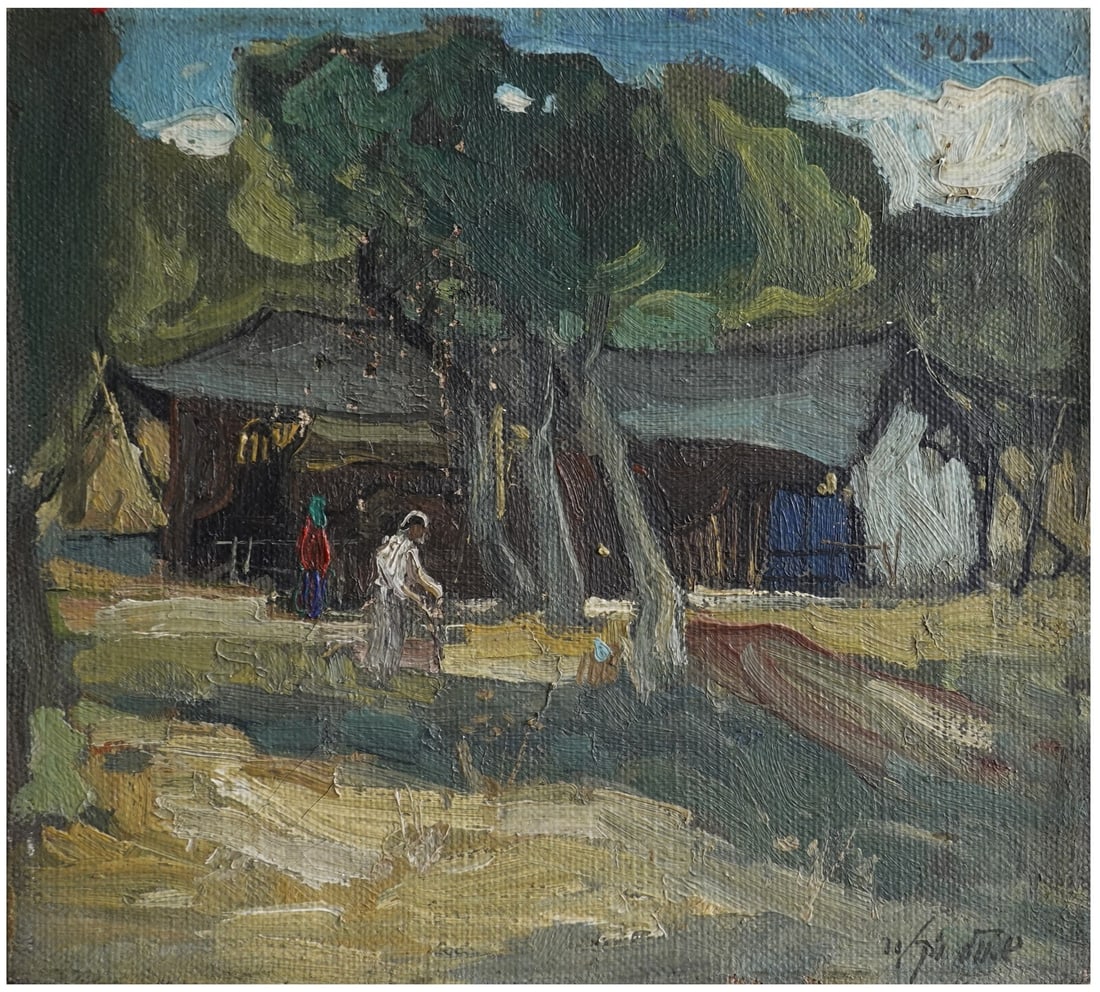 Shaul Victor (Israeli - American, b. Russia 1947-1996): Figures in a hut with olive trees in the Galilee, Oil on canvas, 25 x 27 cm, Signed