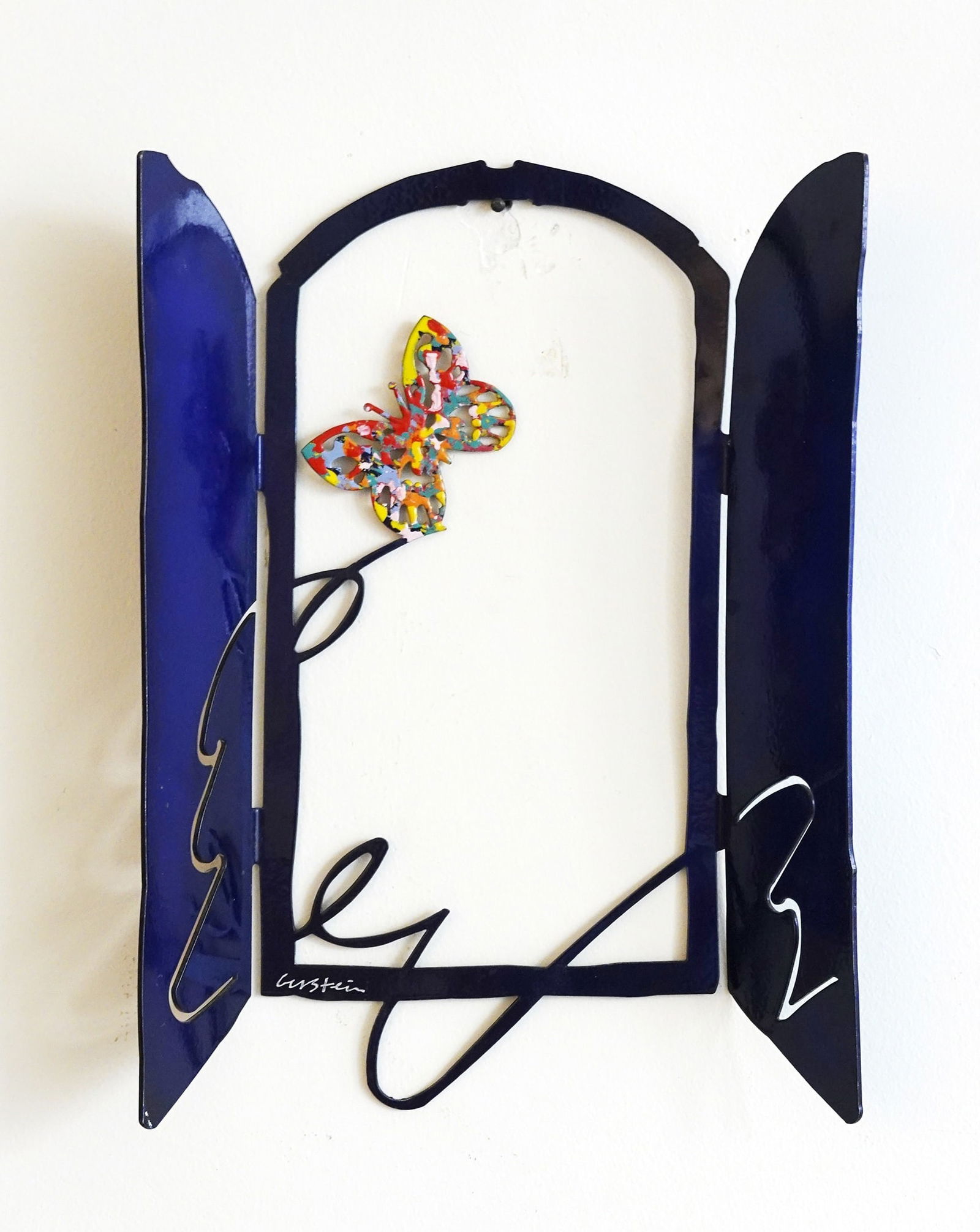 David Gerstein (Israeli, b. 1944): Butterfly in the window, Painted metal sculpture, 24 x 17 cm, Signed