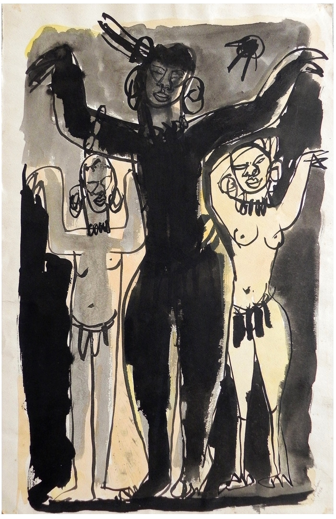Ervin Neuhaus (Hungarian - French, 1928 - 2012): Tribal dance, 1956, Gouache on paper, 50 x 33 cm, Signed and dated. Past Provenance: The collection Gabriel Talphir (1901-1990, Israeli important art critic, publisher, editor, translator and poet).