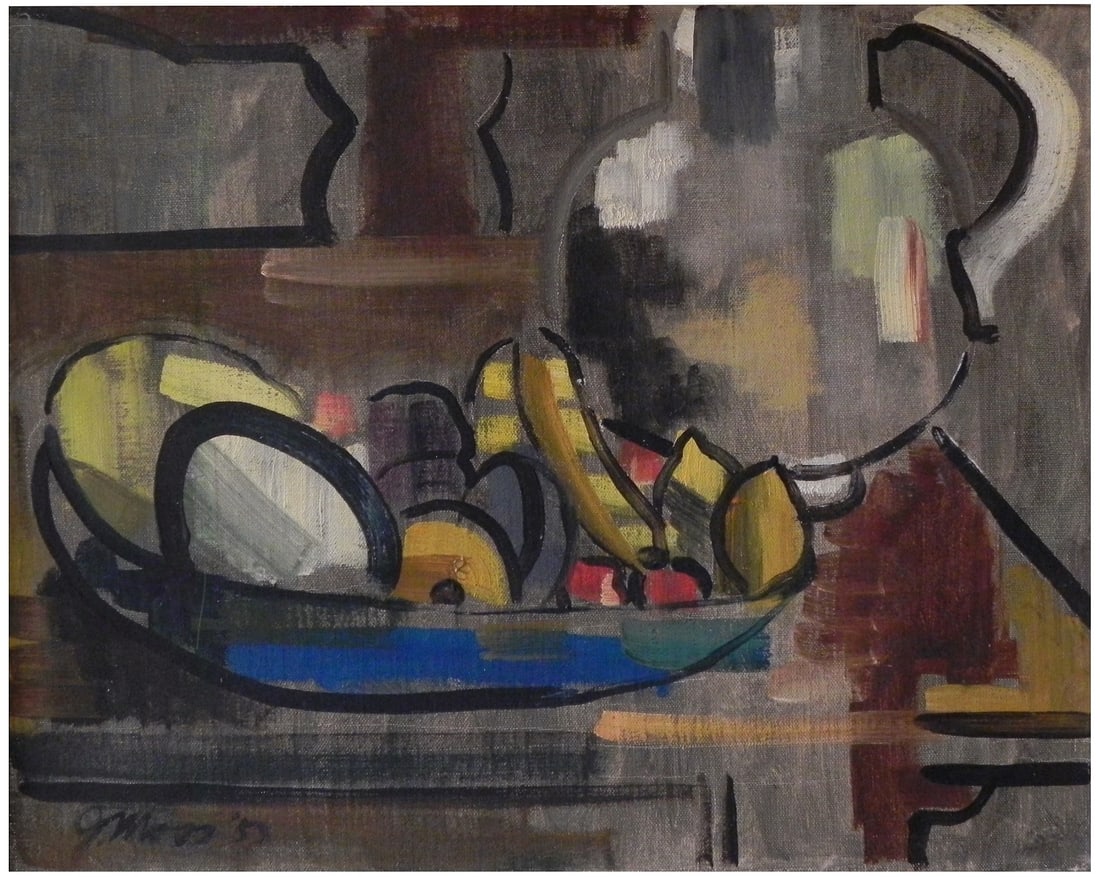 Mid-century Modern School (XX): Still life with a bowl of fruit and a kettle, 1953, Oil on canvas, 40 x 59 cm, Signed and dated