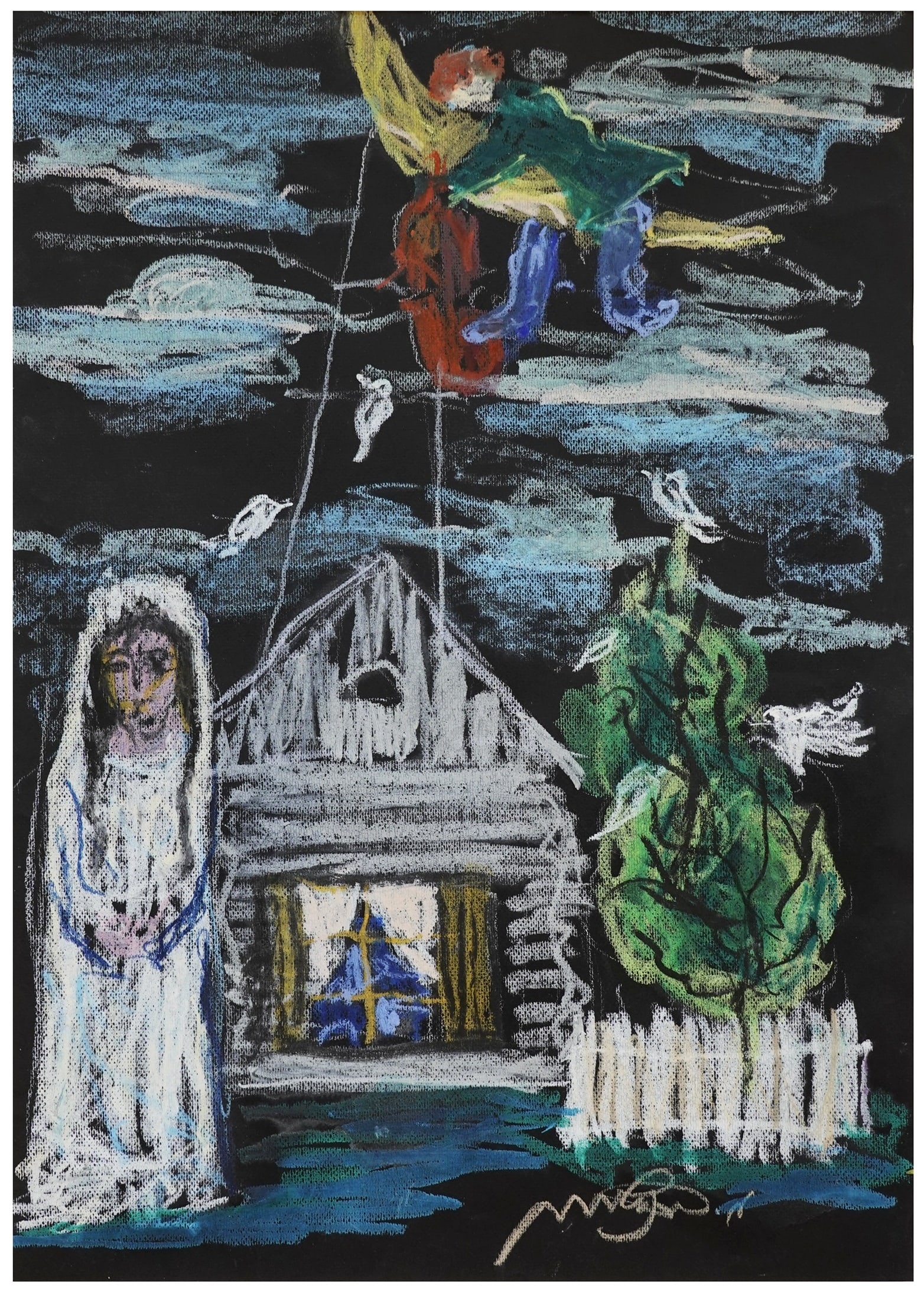 Moshe Bernstein (Israeli - Polish, 1920-2006): A bride and a violin in the Jewish town (shtetl), Oil chalks on paper, 66 x 47 cm, Signed