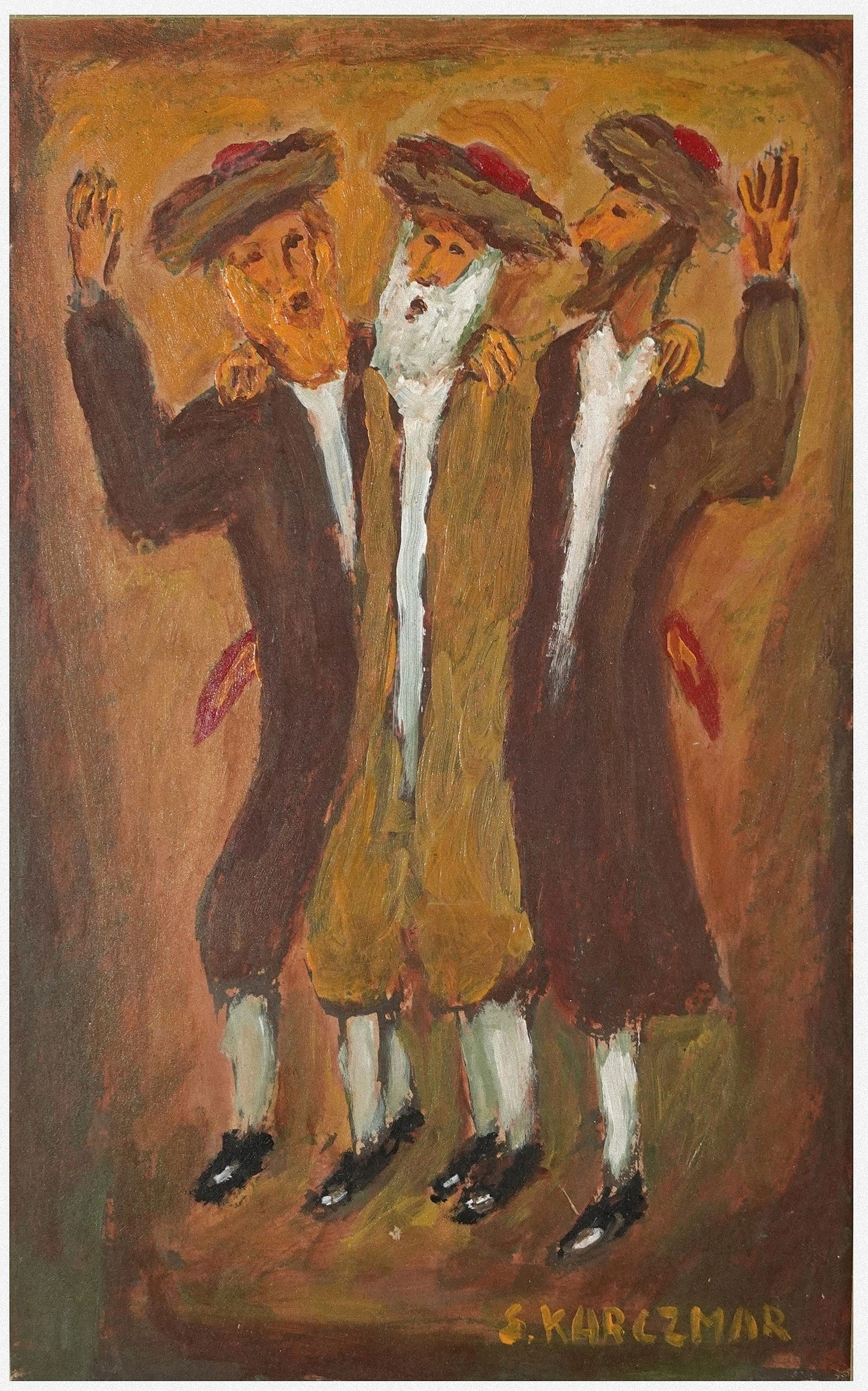 Simon Karczmar (Polish - French - Israeli, 1903-1982): Hasidic dance, Oil on cardboard, 30 x 20 cm, Signed
