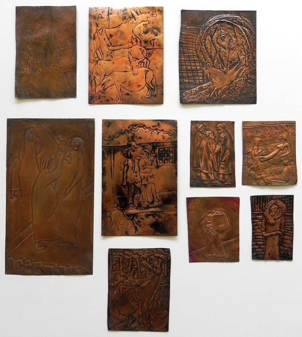 Abraham Habbah (French - Israeli - Iraqi, 1927-1998): Pictures of the Land of Israel, 1950s, Hammered Copper Tiles (lot of 10), Various sizes, Signed