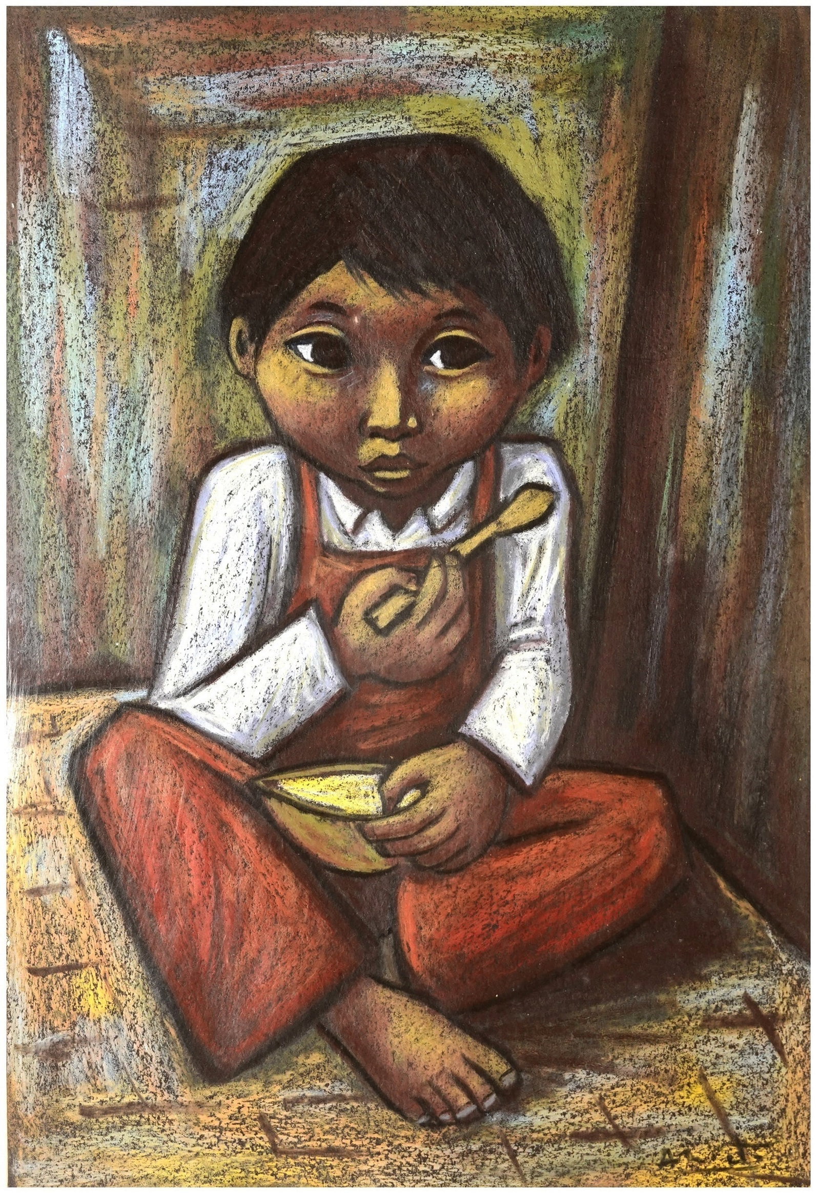 Arturo Nieto (Ecuadorian, 1933, Quito – 1995, Quito): A child eating soup, Pastel on paper, 47 x 34 cm, Signed