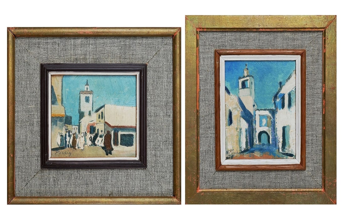 Raymond Poulin (Belgian, 1926-1977): Lot of 2 paintings: Street view in Sousse, Tunisia, 1976 & View in Zaghwan, Tunisia, 1974, Oil on wood, 10 x 11 & 13 x 10 cm, Signed on recto, Signed, titled and dated on verso