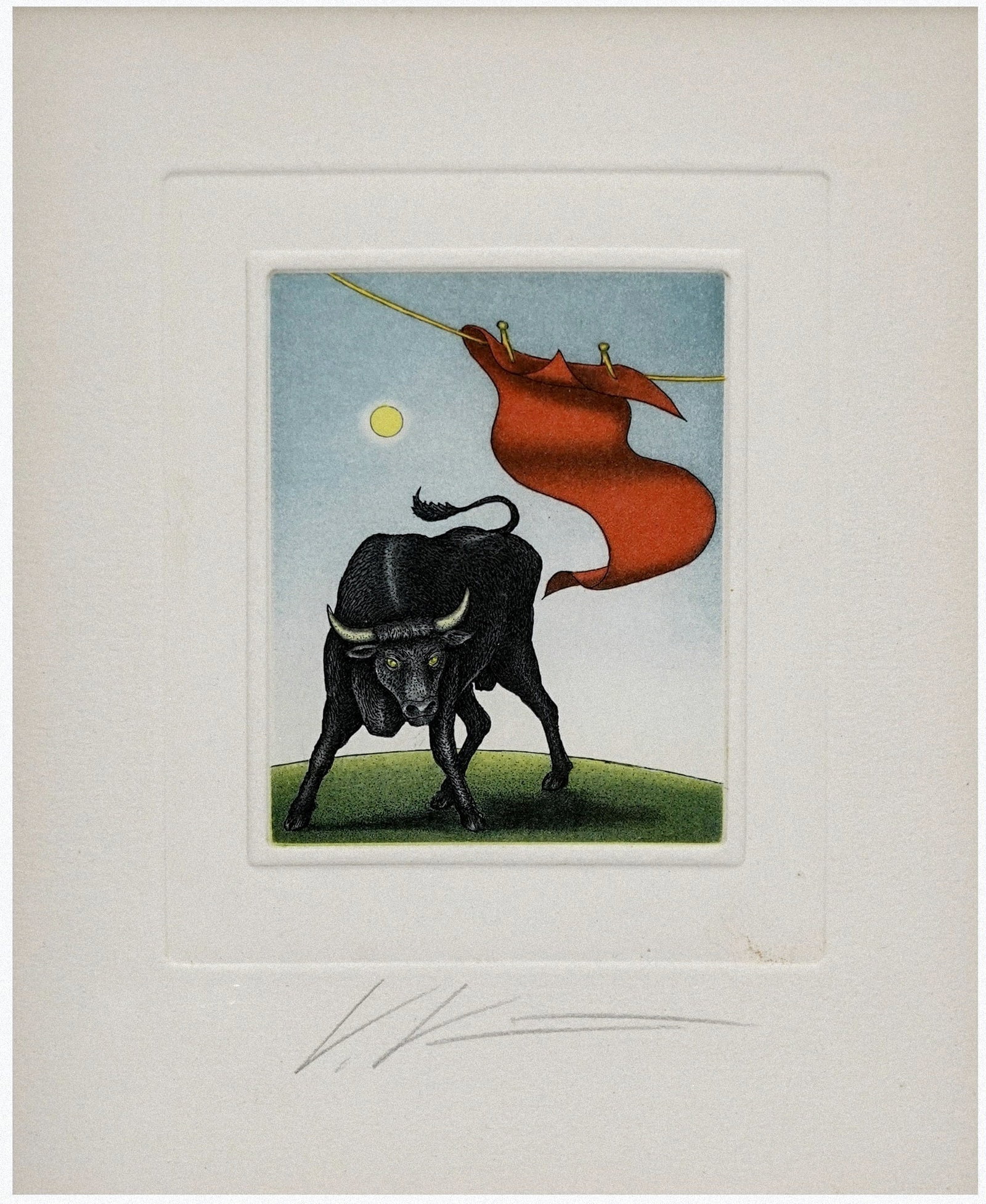 Volker KÜHN (German, 1948-2023): Bull and red cloth, Etching, Plate: 12 x 10 / Sheet: 19 x 15 cm, Signed in pencil