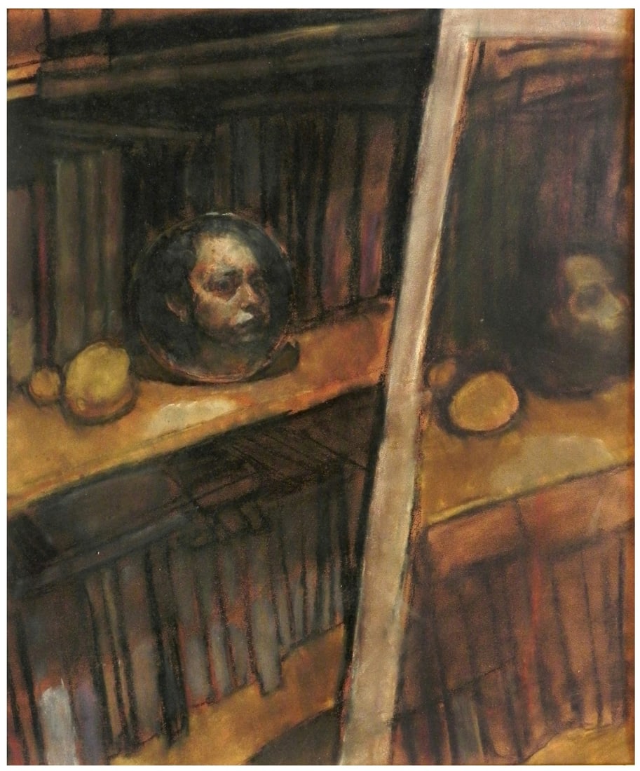 Jan Rauchwerger (Russian - Israeli, b. 1942): Still life with a library and reflections in mirrors, 1975, Pastel on paper, 48 x 57 cm, Signed and dated