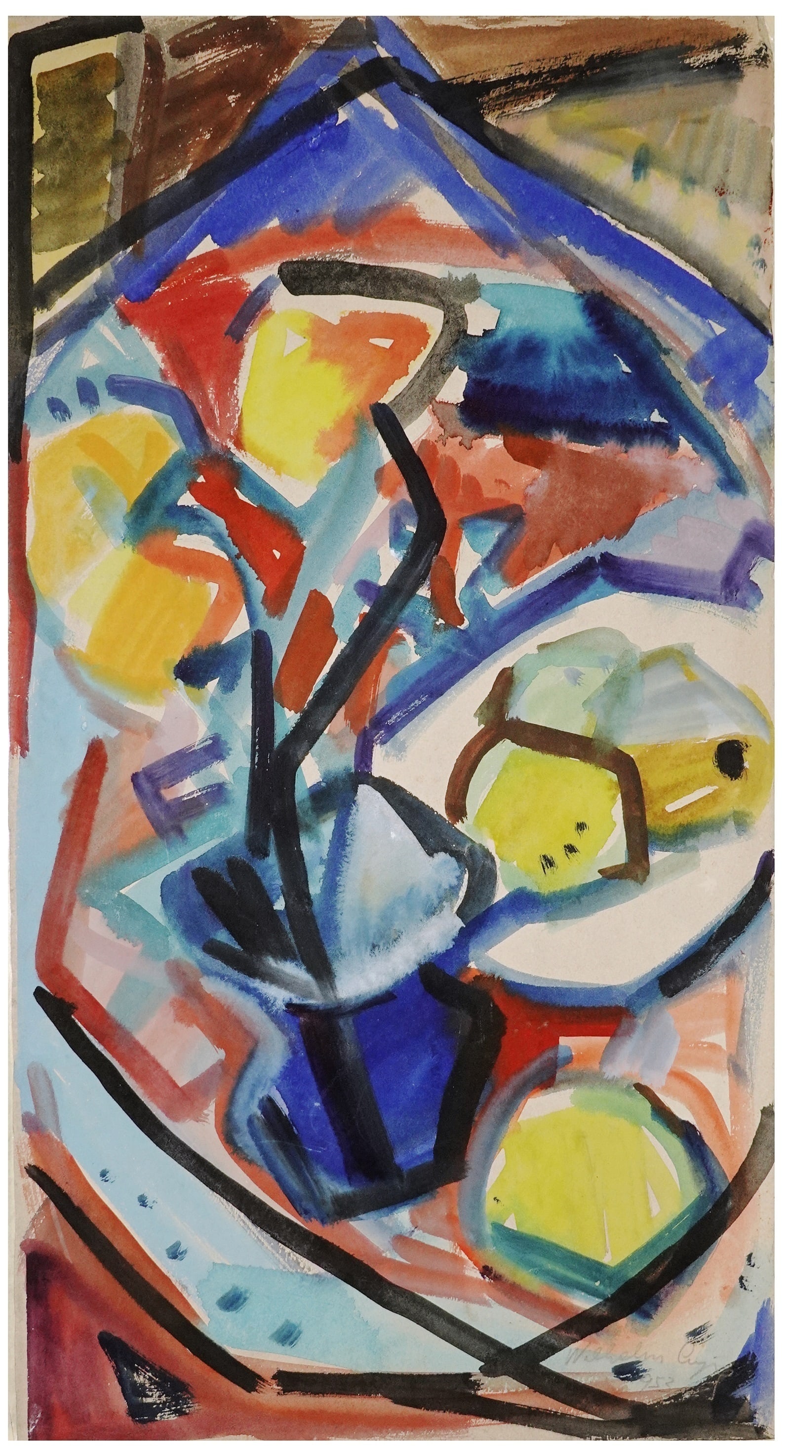 Lujza Wilhelm - Hoffmann (Hungarian - Israeli, 1911-1978): Still life with flower vase and a bowl of fruit, 1953, Gouache on paper, 51 x 27 cm, Signed and dated. Provenance: the artist's estate.