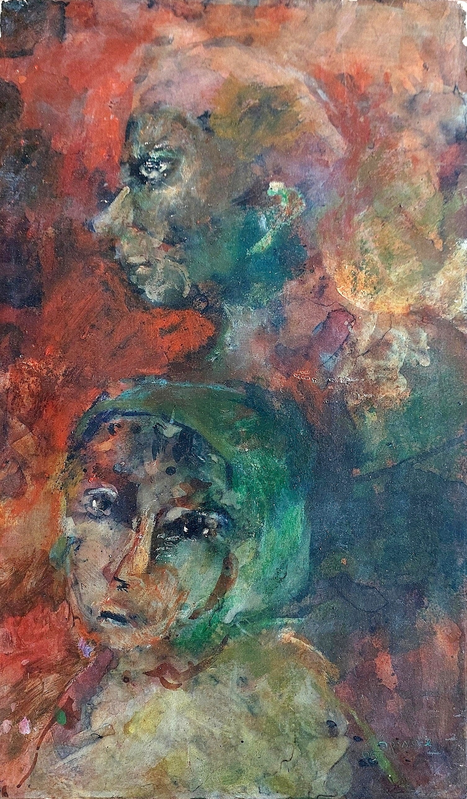 Shaul Samira (Israeli - American, 1939-2017): A man and a woman, 1965, Oil on paper (attached to wood), 34 x 21 cm, Signed and dated