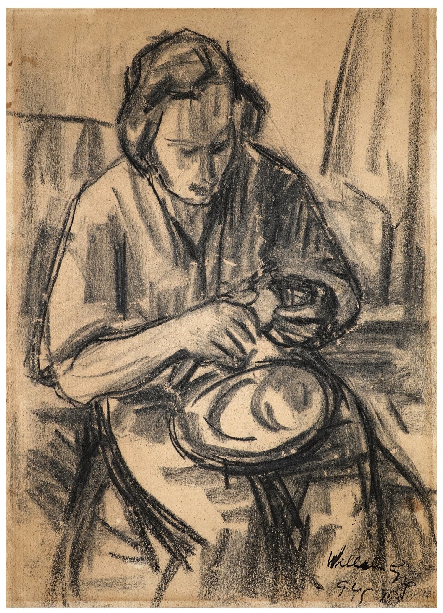 Lujza Wilhelm - Hoffmann (Hungarian - Israeli, 1911-1978): A woman is peeling an apple, Budapest, 1945, Charcoal on paper, 43 x 31 cm, Signed and dated
