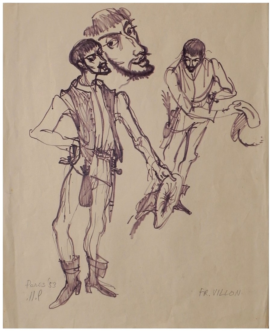 Shraga Weil (Israeli - Czech, 1918-2009): Figures in the theater, Paris, 1953, Felt-tipped pen on paper, 41 x 34 cm, Signed, dated and inscribed "Paris"