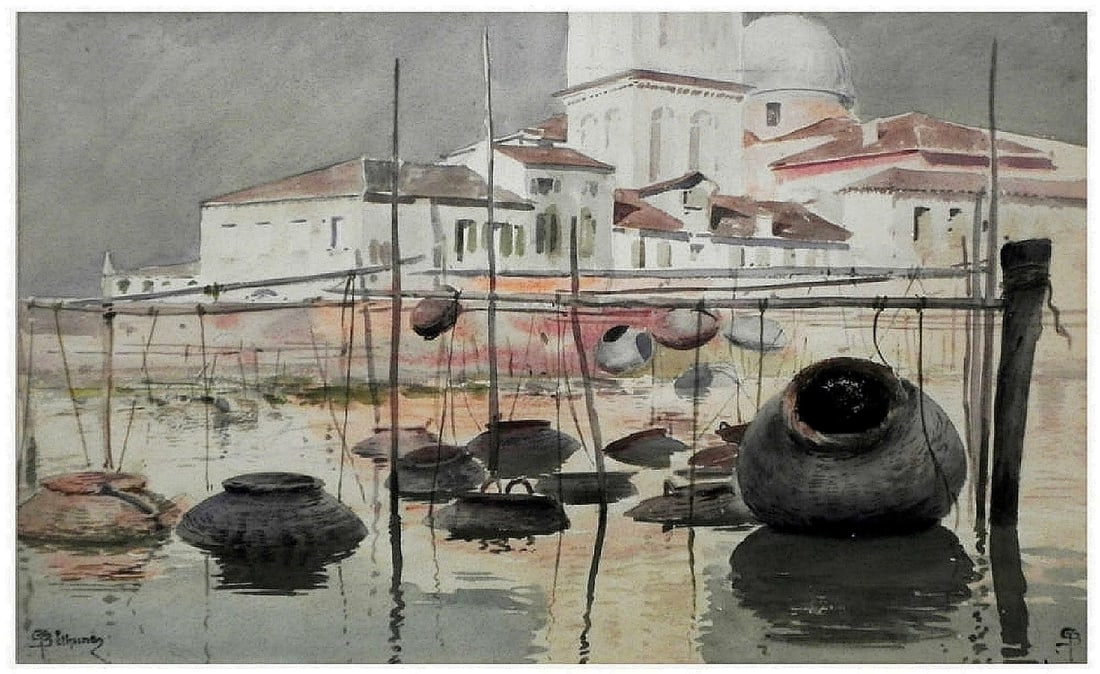 Gaston Béthune (French, 1857-1897): Mediterranean chateau with water jars, Watercolor on paper, 34 x 53 cm, Signed