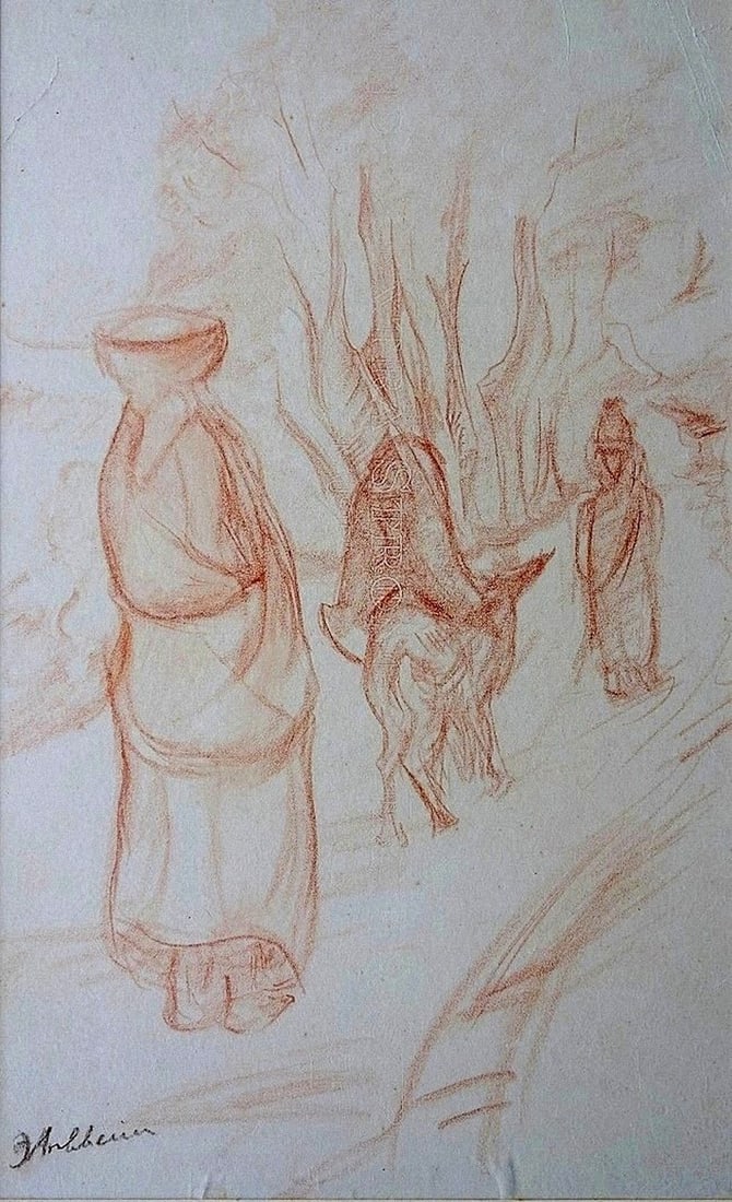 Isidor Aschheim (German - Israeli, 1891-1968): On the way to the village, Pencil on paper (matted), 54 x 37 cm, Signed