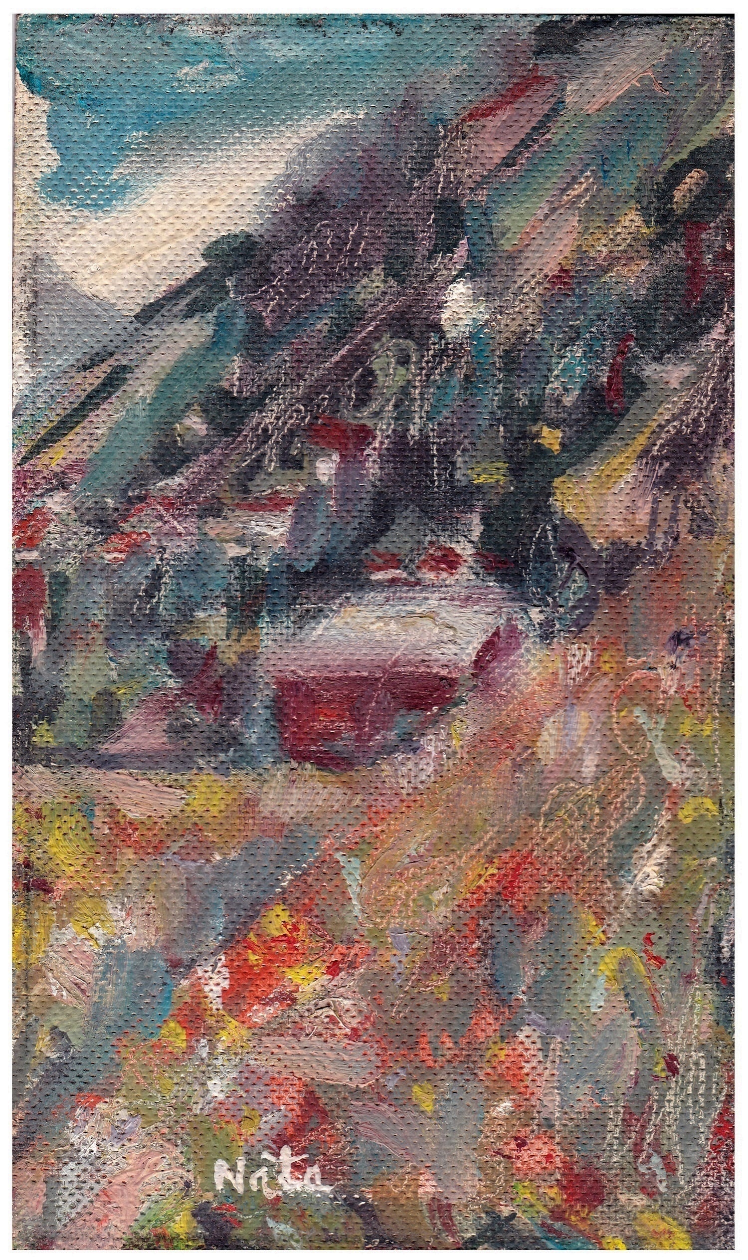Nata Kaplan (Dushinsky) (Israeli, 1918-2005): "Italian landscape", 1968, Oil on canvas (attached to cardboard), 17 x 10 cm, Signed on recto, Signed, titled and dated on verso as well