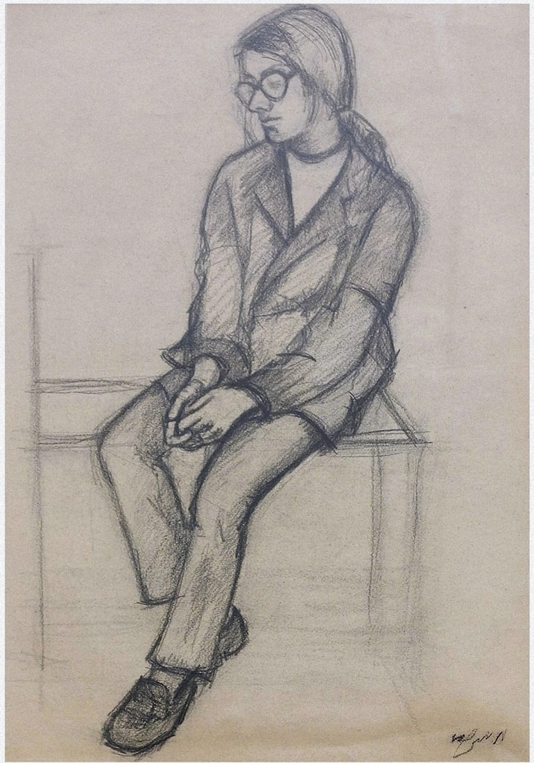 Menachem Mizrahi (Israeli, 1951-2011): Girl sitting on a table, Graphite on paper, 57 x 39 cm, Signed