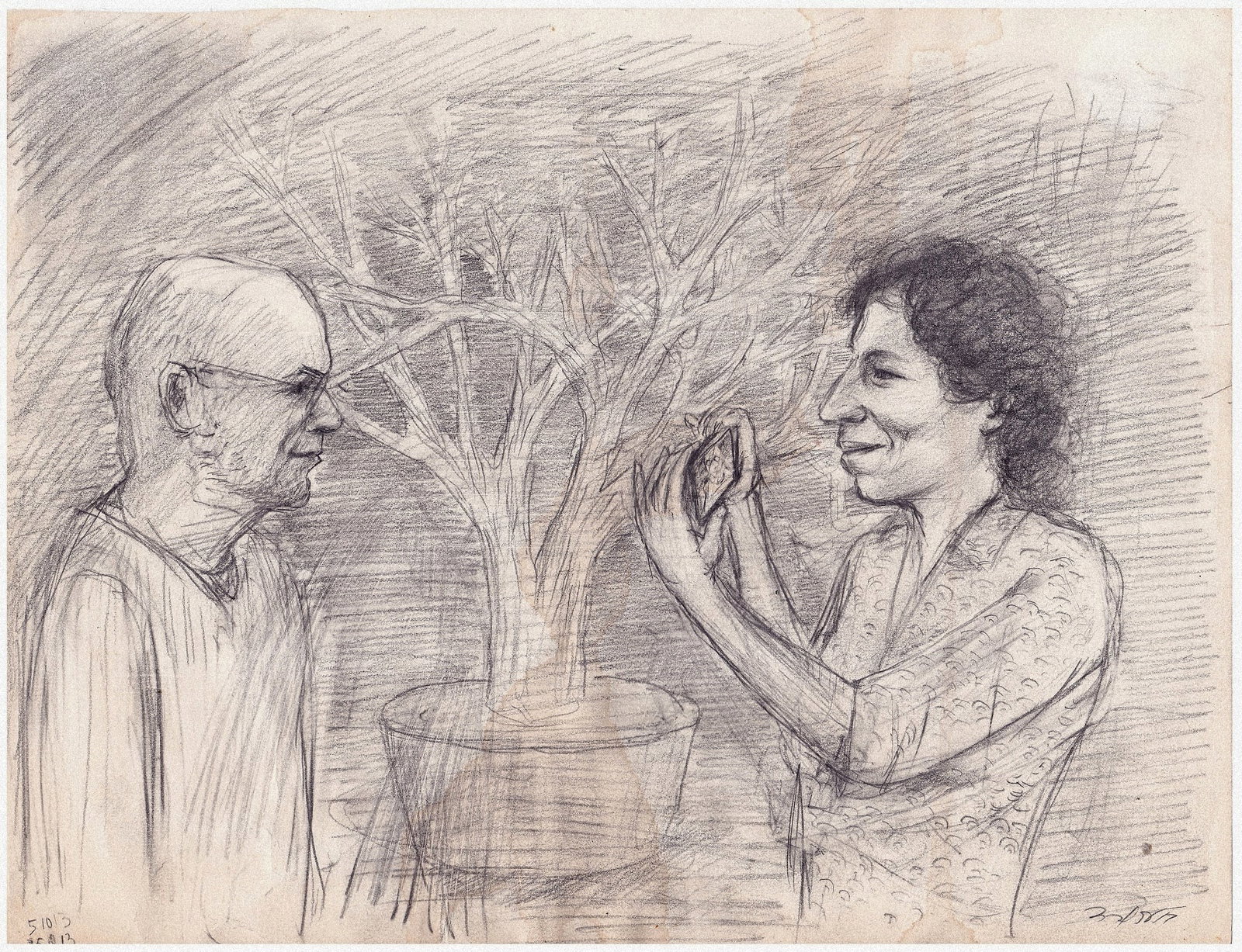 Boaz Arad (Israeli, 1956-2018): Self-portrait with a friend, Pencil on paper, 22 x 28 cm, Signed