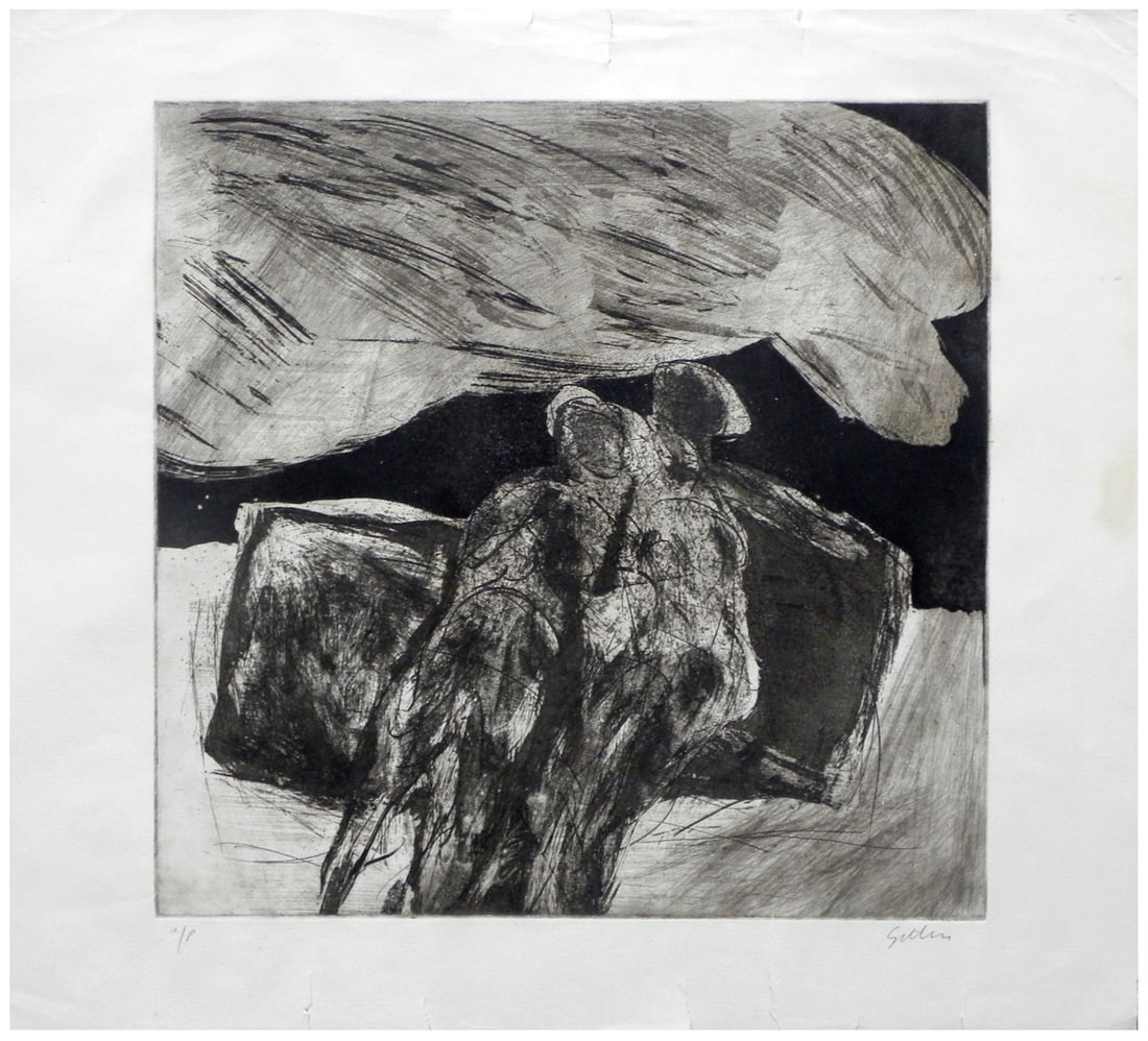 Michael Gitlin (American - Israeli, b. 1943): A couple sitting in the landscape, Aquatint, Plate: 33 x 34 cm / Sheet: 42 x 46 cm, Hand-signed and approved "A.P."