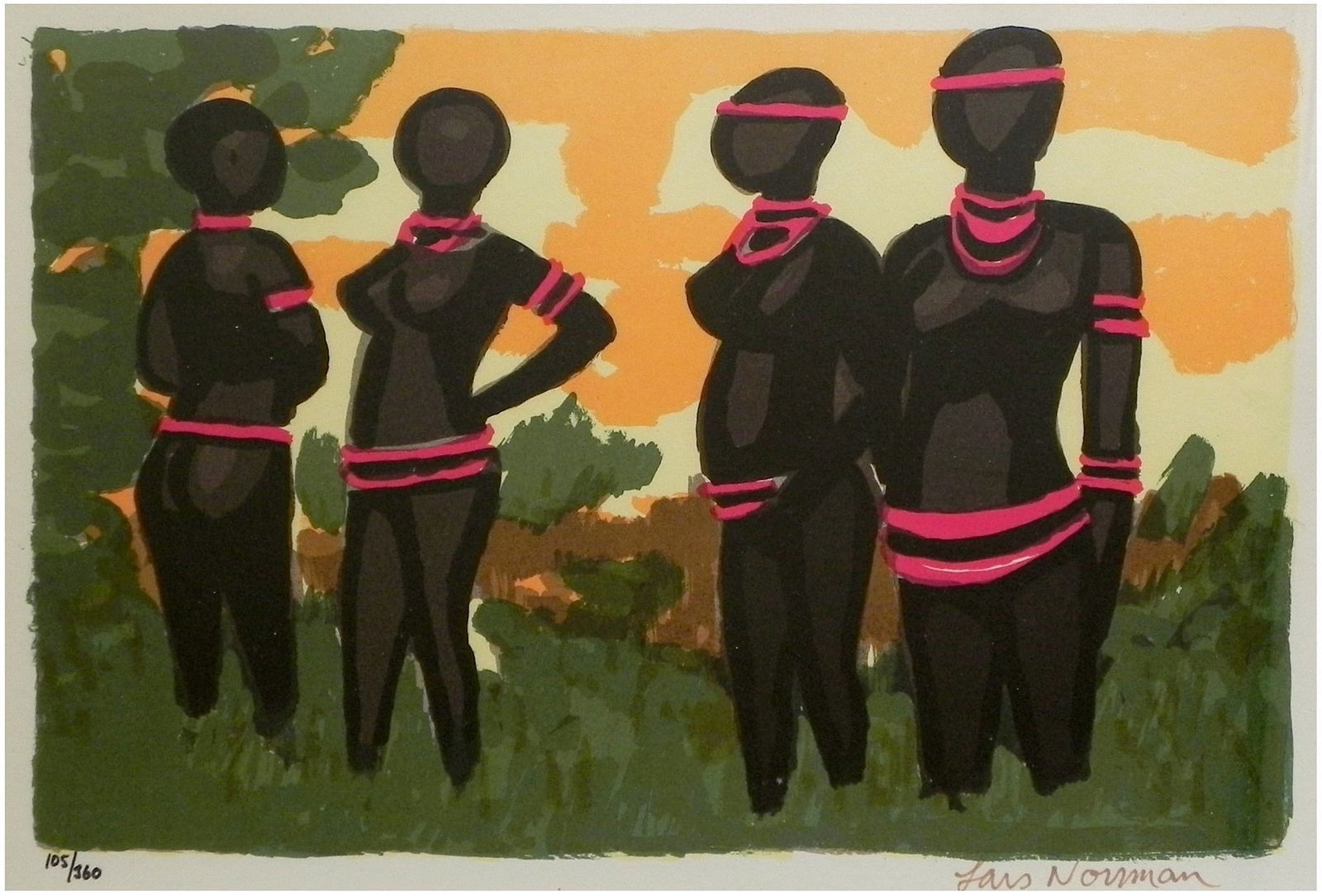 Lars Norrman (Swedish, 1915-1979): African women in the landscape, Lithograph, 28 x 40 cm, Hand-signed and numbered "105/360"