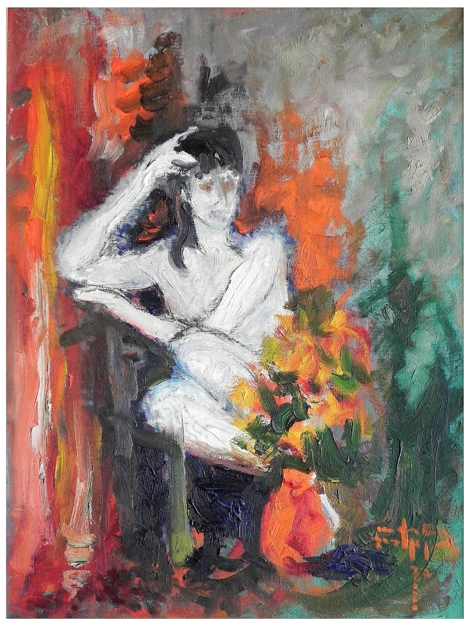 Shlomo Van den Berg (Israeli - German, 1920-1986): Woman sitting and flower vase, 1982, Oil on canvas (attached to cardboard), 60 x 44 cm, Signed and dated