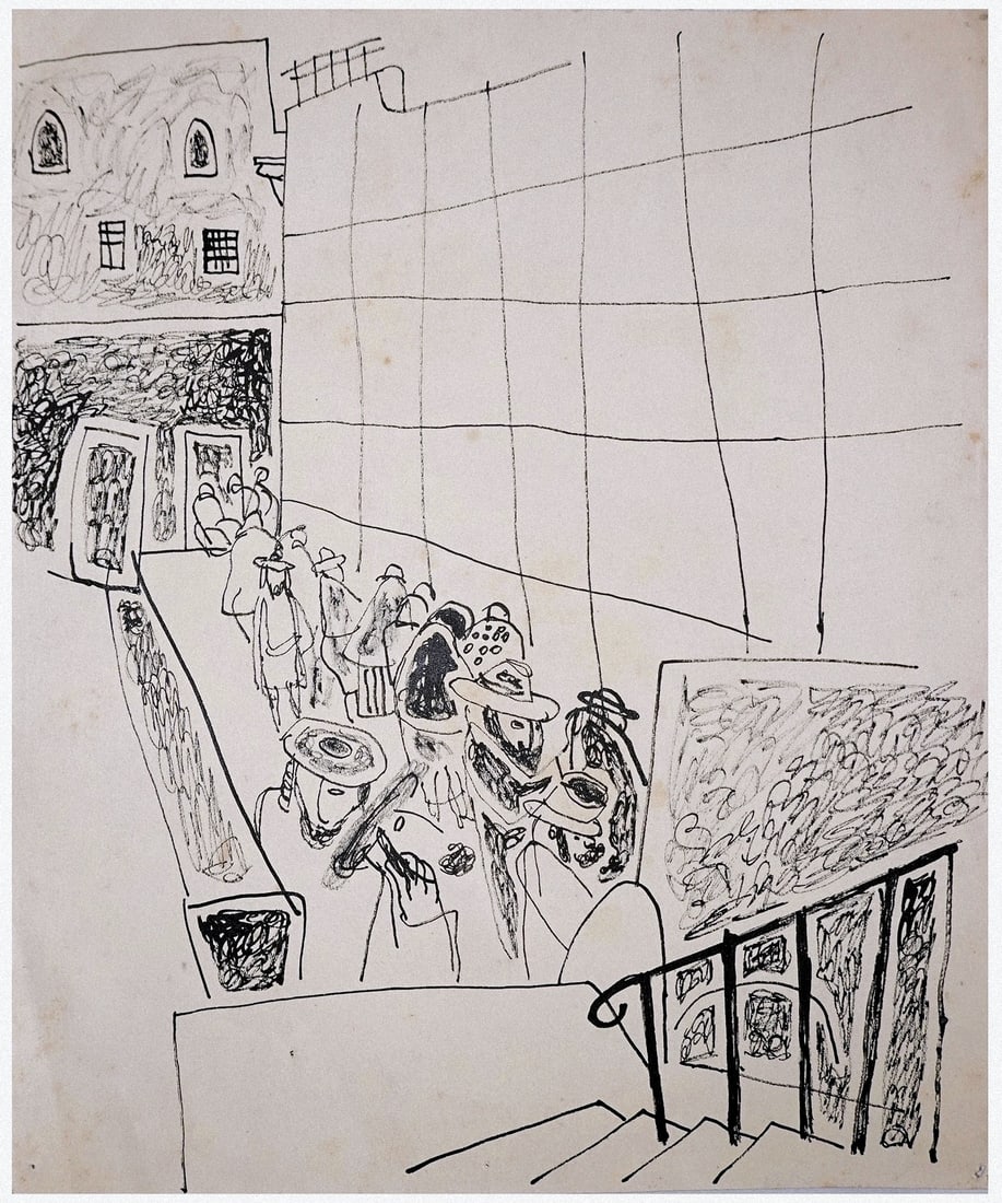 Edward Matuszczak (Polish - French, 1906 - 1965): Prayers at the Wailing Wall, Jerusalem, 1940, Ink on paper, 29 x 24 cm, Unsigned (COA will be issued by Yair Art Gallery, Tel Aviv)
