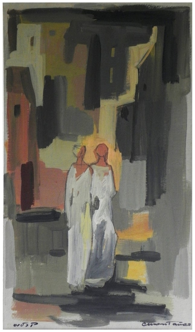 Carlos Montanez (Uruguayan - Israeli, 1921-2006): Two women dressed in white, Gouache on paper, 50 x 30 cm, Signed