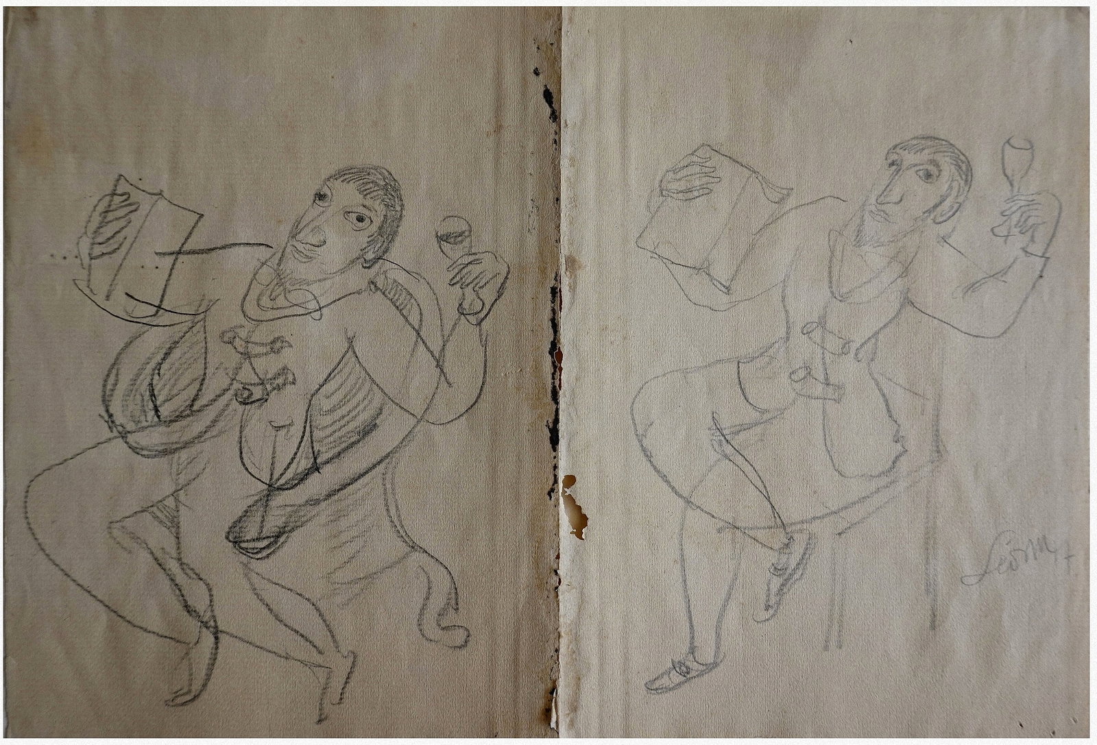 Leo Maillet (Leopold Mayer) (German - Swiss, 1902-1990): A nobleman reading a book with a glass of wine, Switzerland, 1947, Double pencil drawing on paper, 20 x 15 cm, Signed and dated in pencil