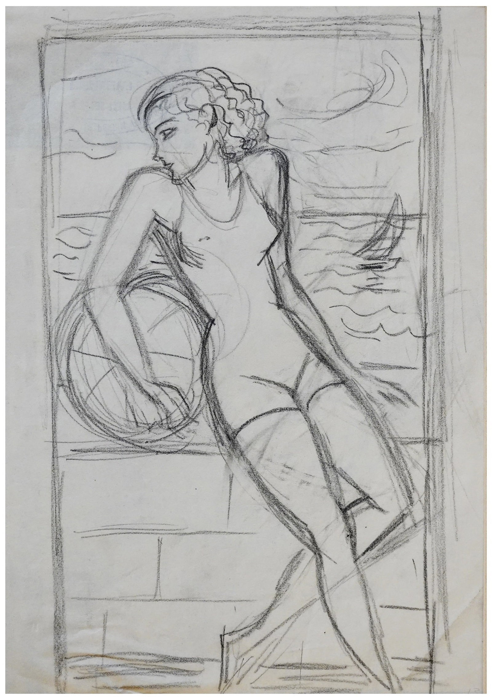 Henryk Berlewi (Polish - French, 1894-1967): Portrait of a woman on the beach in Nice (France), Pencil on paper (matted), 27 x 18 cm, Signed and dated, Stamped with the estate seal. Past provenance: the art collection of the Israeli poet Nathan