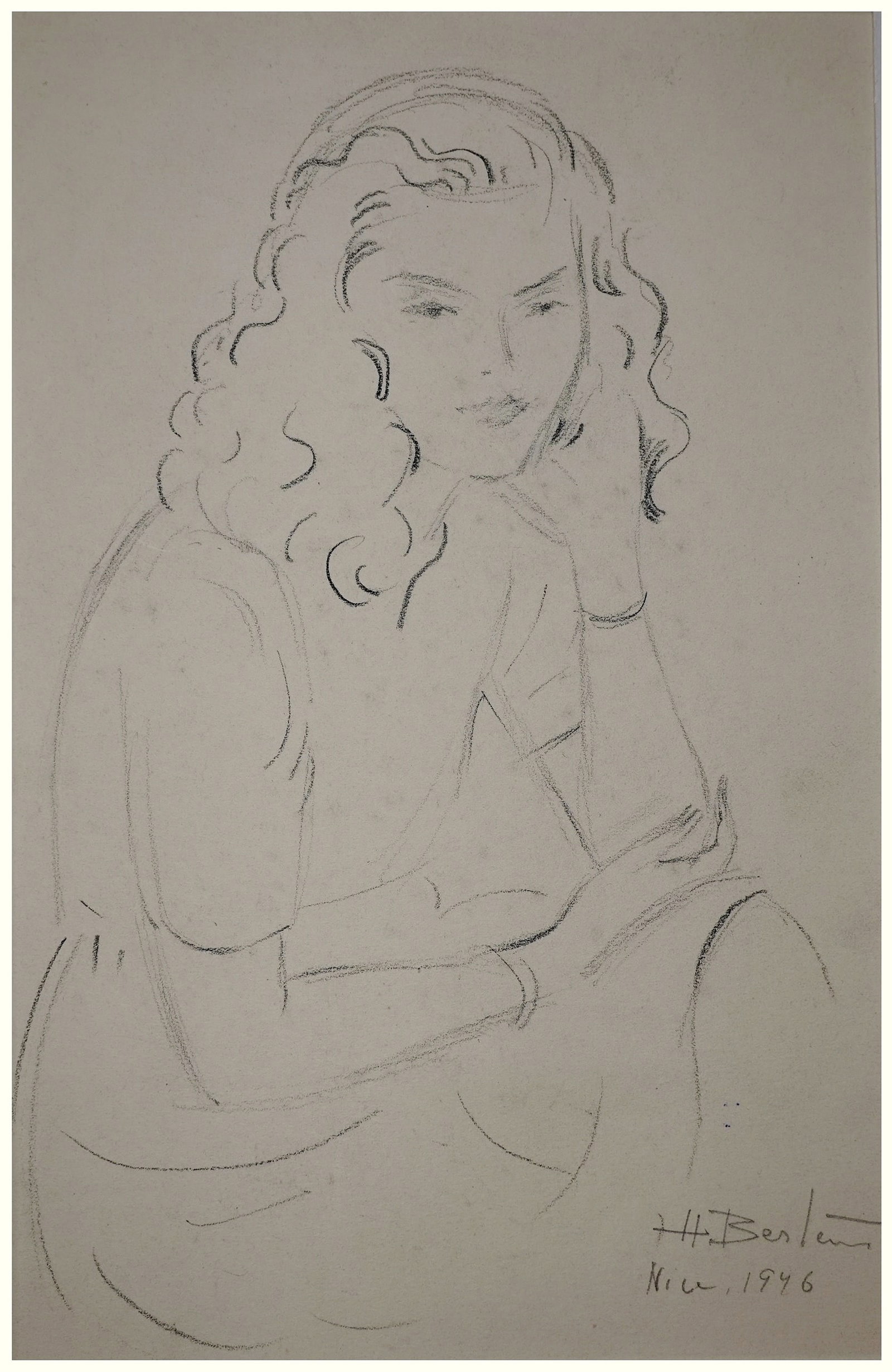 Henryk Berlewi (Polish - French, 1894-1967): Portrait of a girl, Nice (France), 1946, Pencil on paper (matted), 29 x 18 cm, Stamped with the estate seal. Past provenance: the art collection of the Israeli poet Nathan Zach (1930-2020)