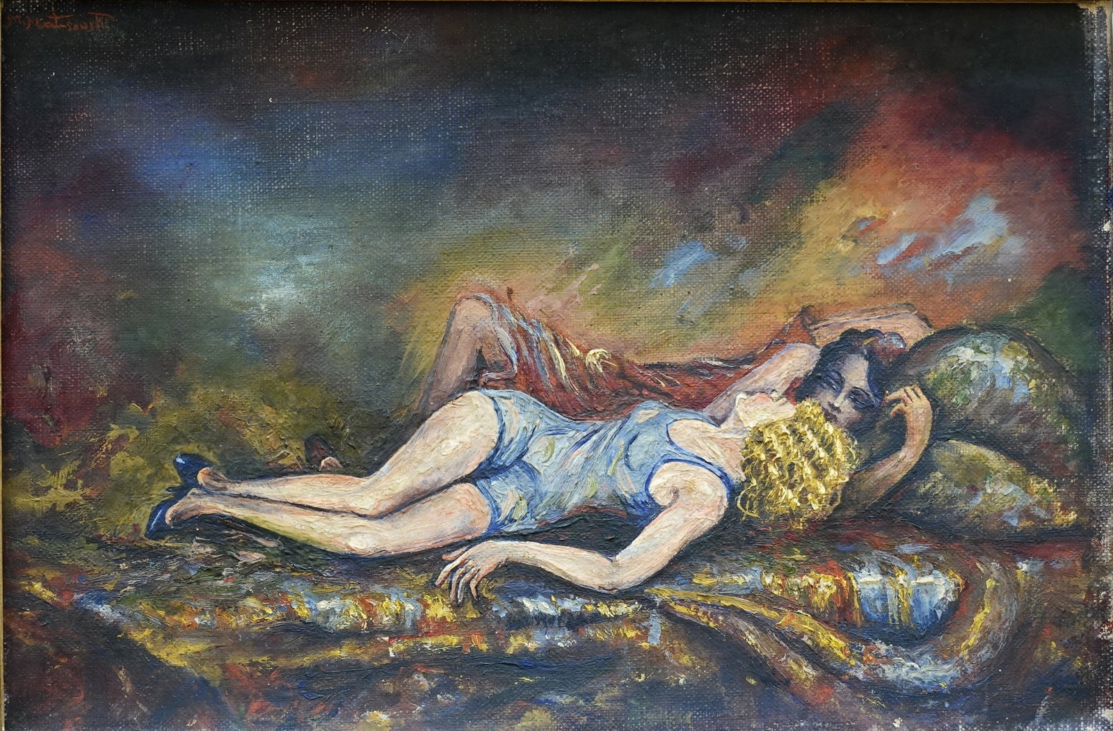 Moshe Matus (Matusovski) ? (Israeli - American, 1908-1958): Two women lying on a sofa, Oil on canvas, 21 x 30 cm, Signed.