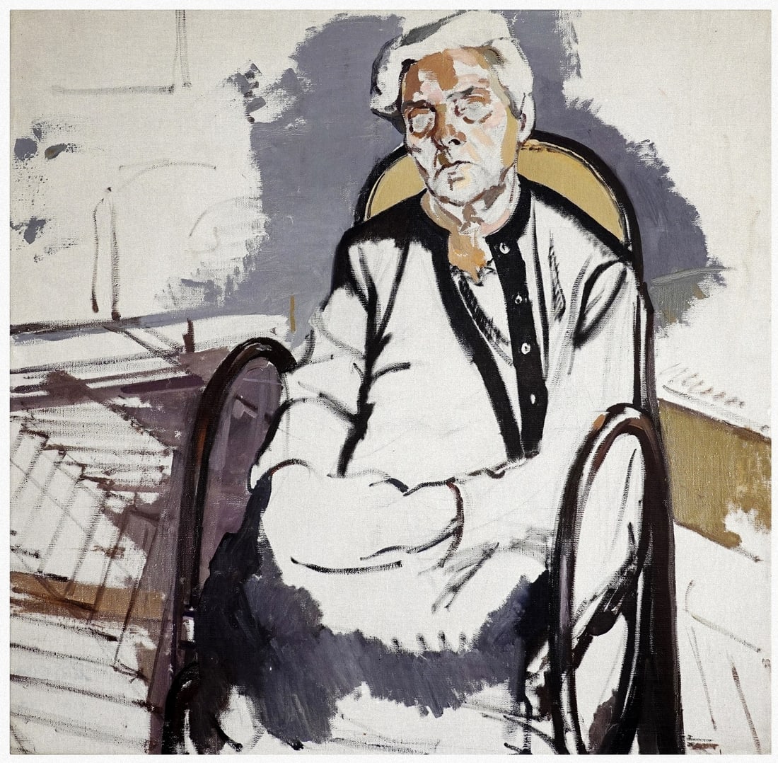 Rachel Kogan (Ukrainian - Israeli, 1912-1998): Portrait of seated woman, 1971, Oil on canvas, 96 x 98 cm, Signed, titled and dated on verso