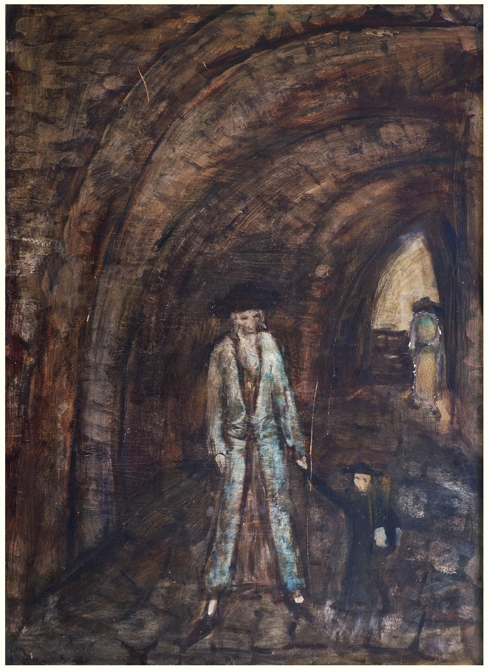 Isaac Frenel (Fraenkel) (Israeli - Russian, 1899-1981): Grandfather and grandson in an alley in Safed, 1935, Tempera on wood, 67 x 48 cm, Signed and dated