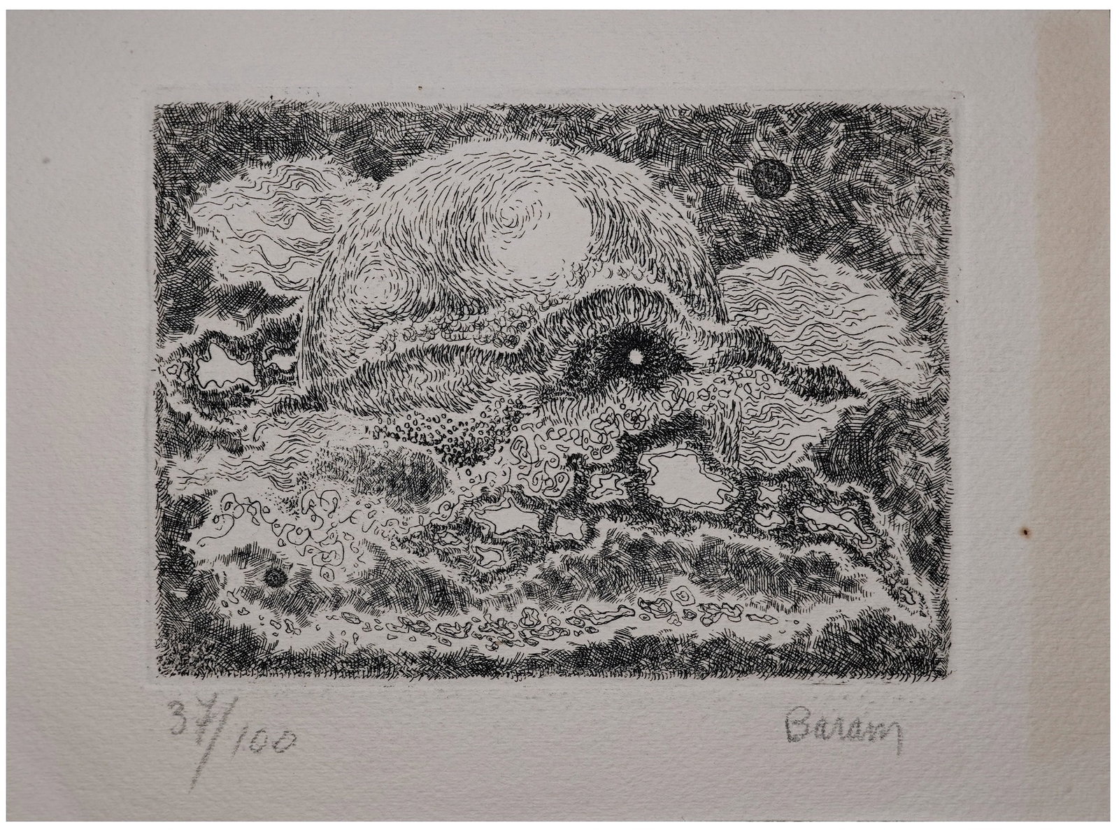 Sioma Baram (Israeli, 1919-1980): Fantastic landscape, Etching, 12 x 16 cm, Signed, numbered "37/100" and dedicated to the painter Avigdor Stematsky. Provenance: Estate of the prominent Israeli artist Avigdor Stematsky.