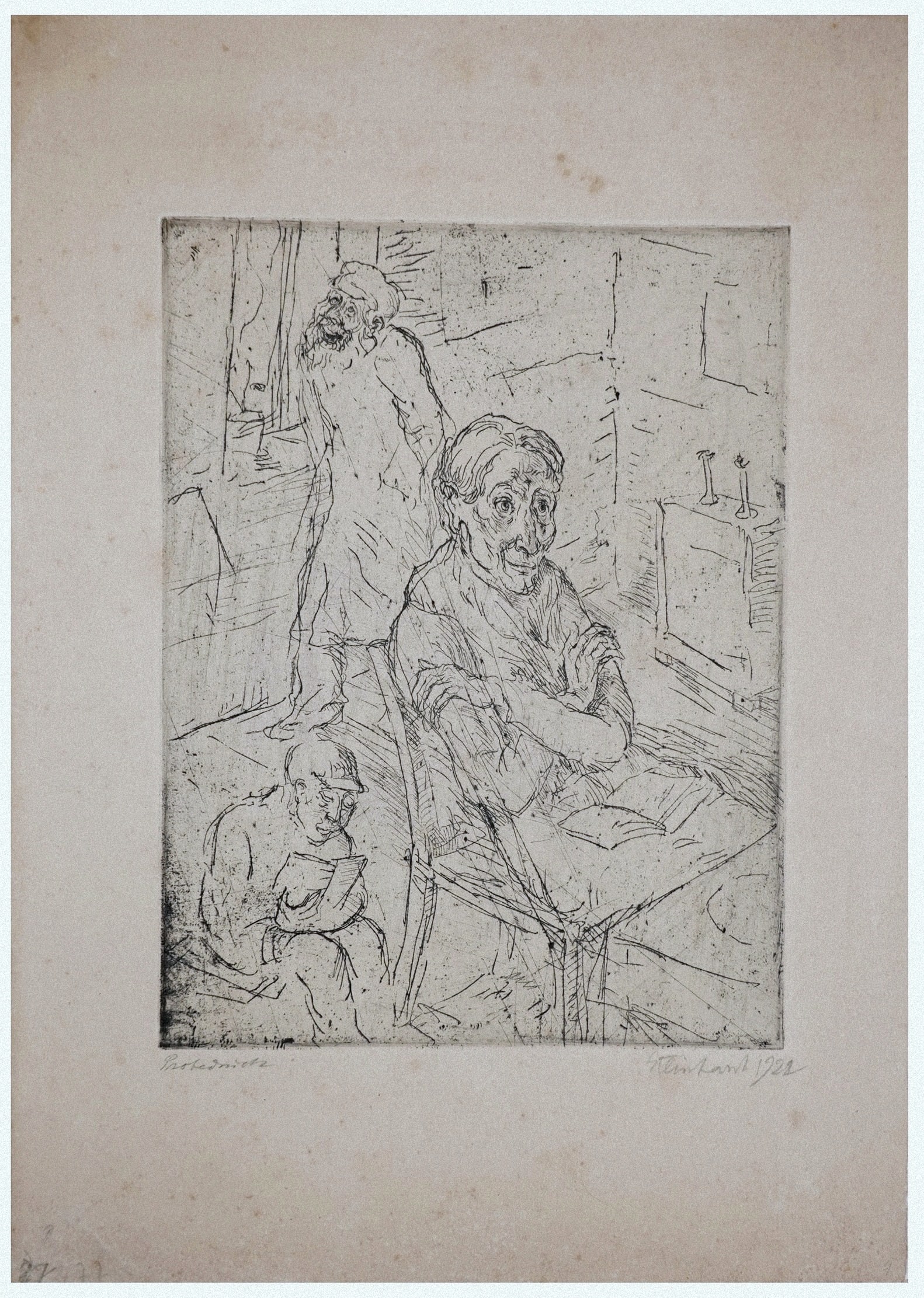 Jacob Steinhardt (German - Israeli, 1887-1968): Grandparents with their grandson, 1922, Drypoint engraving, Plate: 12 x 15 cm / Sheet: 32 x 23 cm, Signed in pencil and dated. Documented in the book "Jakob Steinhardt : Etchings and Lithographs" by Z