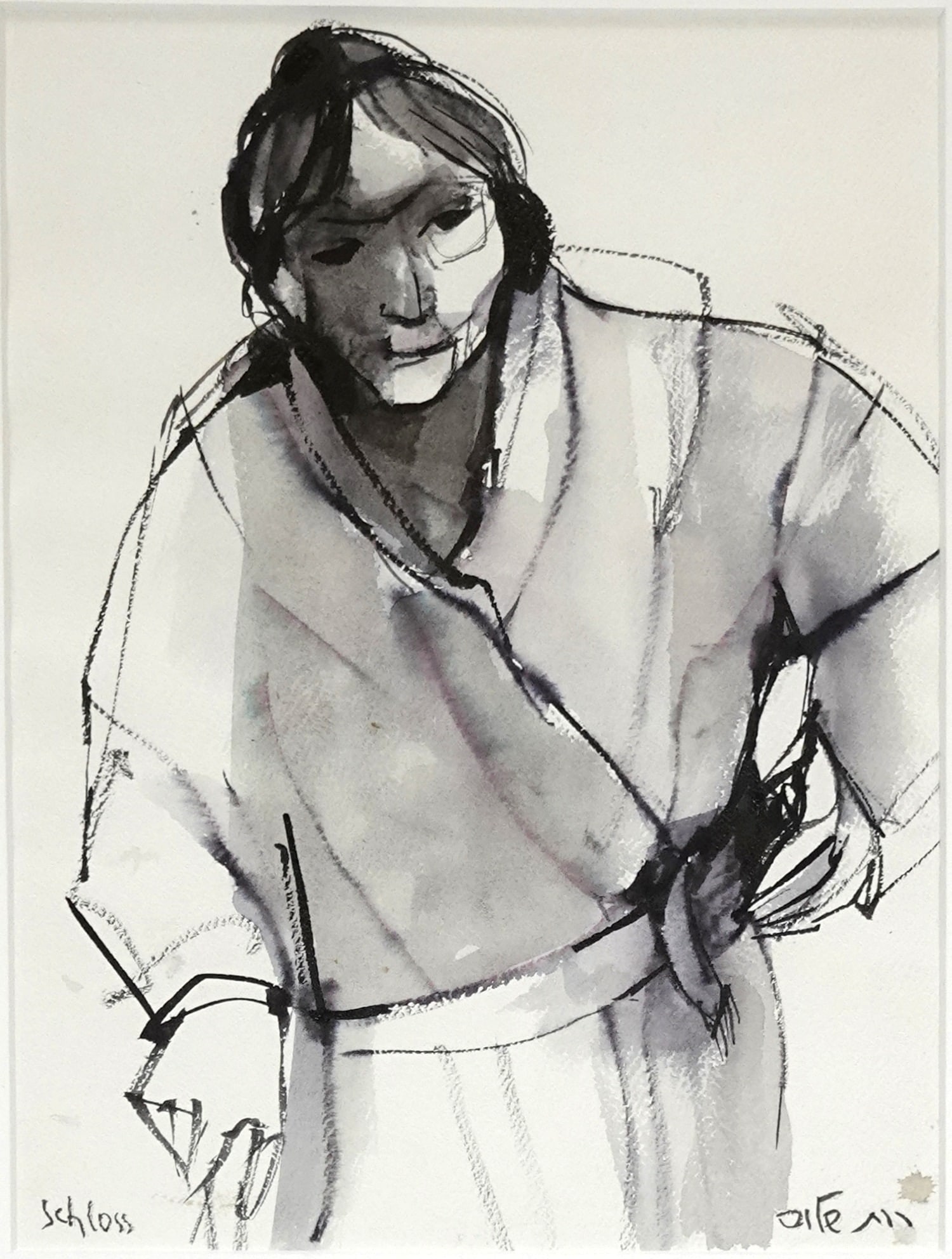 Ruth Schloss (Israeli - German, 1922-2013): Portrait of a Weathered Woman in a Robe, 1990s, Ink on paper, 33 x 23 cm, Signed