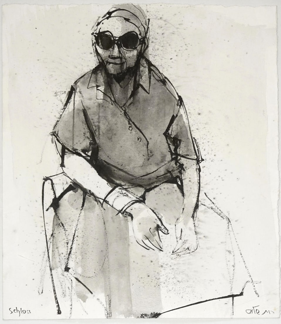 Ruth Schloss (Israeli - German, 1922-2013): Seated Blind Woman with a Headscarf, 1990s, Ink on paper, 38 x 32 cm, Signed