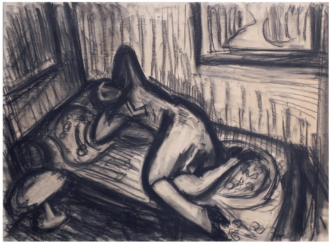 Martin Bloch (German - British, 1889-1956): Reclining woman, Charcoal on paper, 52 x 69 cm, Signed