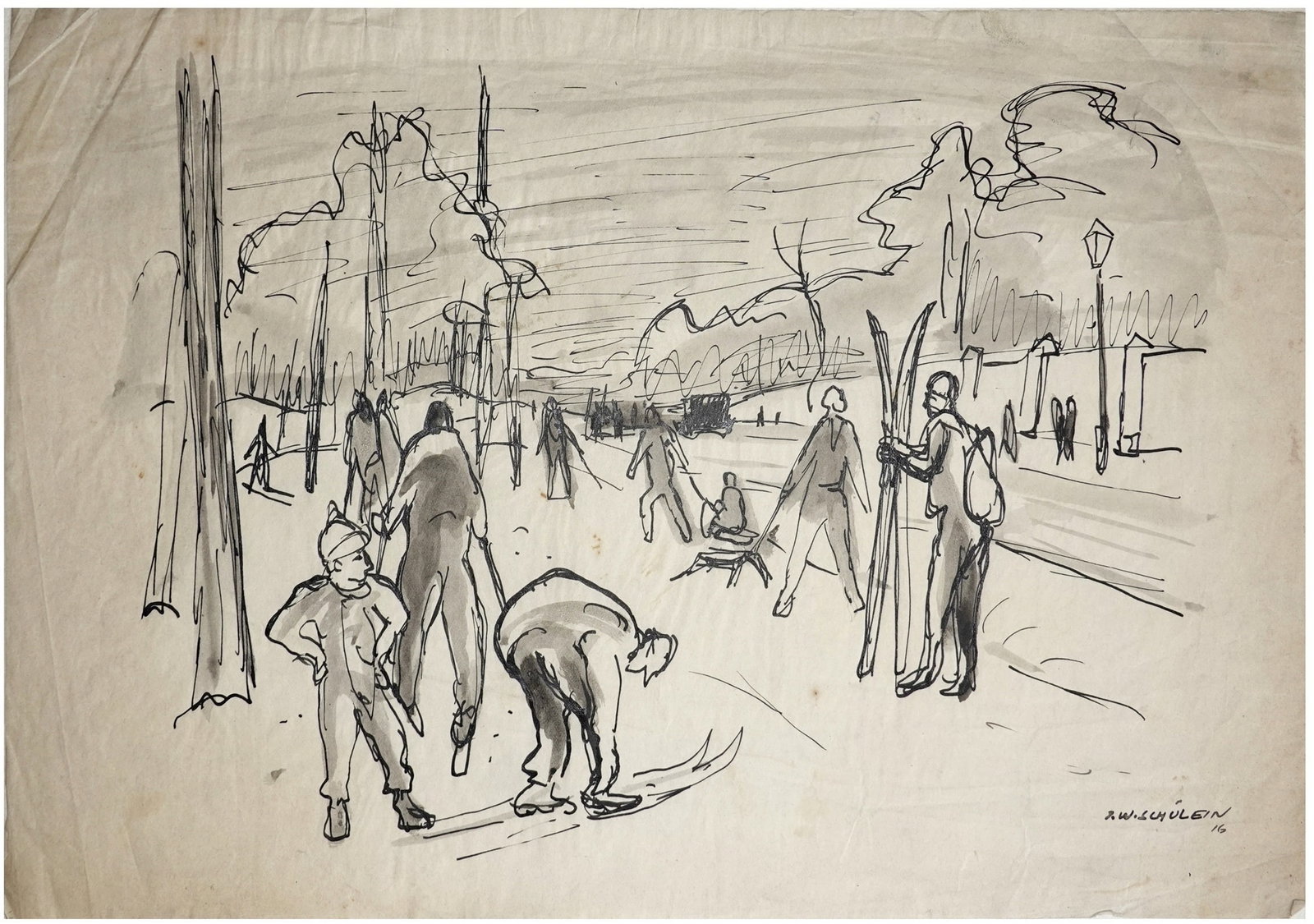 Julius Wolfgang Schulein (German - American, 1881-1970): Skiers at a ski resort, 1916, Ink on paper, 27 x 49 cm, Signed and dated.