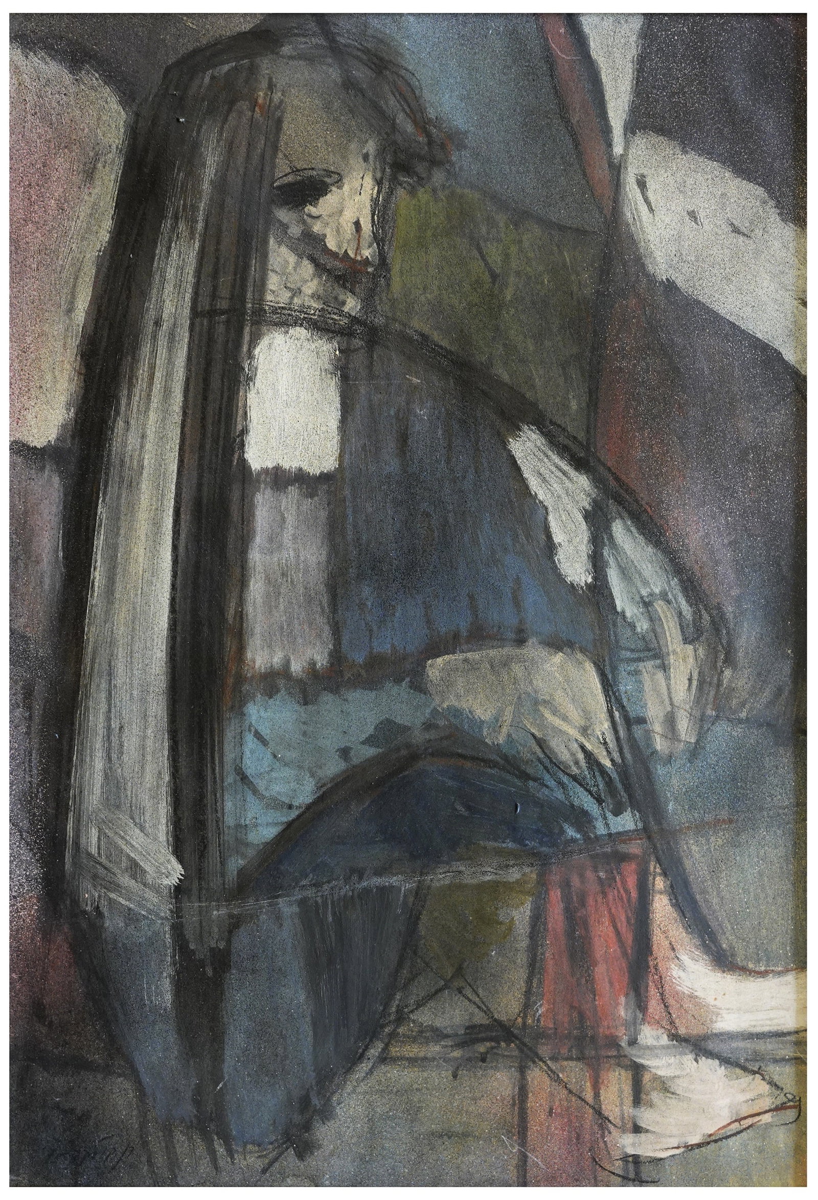 Dan Kulka (Czech - Israeli, 1938-1979): Seated Woman, 1975, Oil and graphite on paper (mounted on cardboard), 49 x 33 cm, Signed and dated