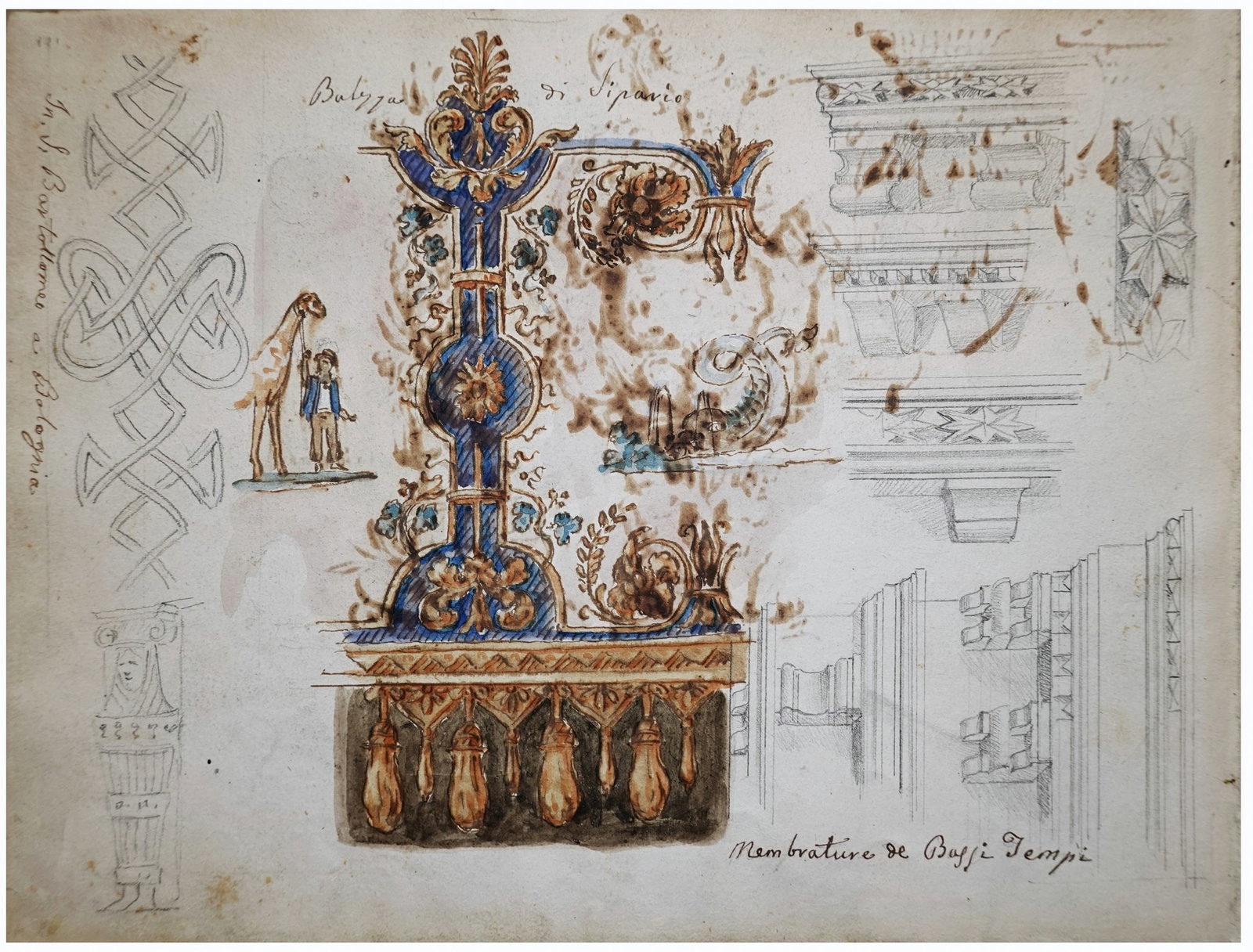 Italian Modern Art artist (XX): "Membrature de Bassi Temp", Pencil and watercolor on paper, 22 x 29 cm, Signed