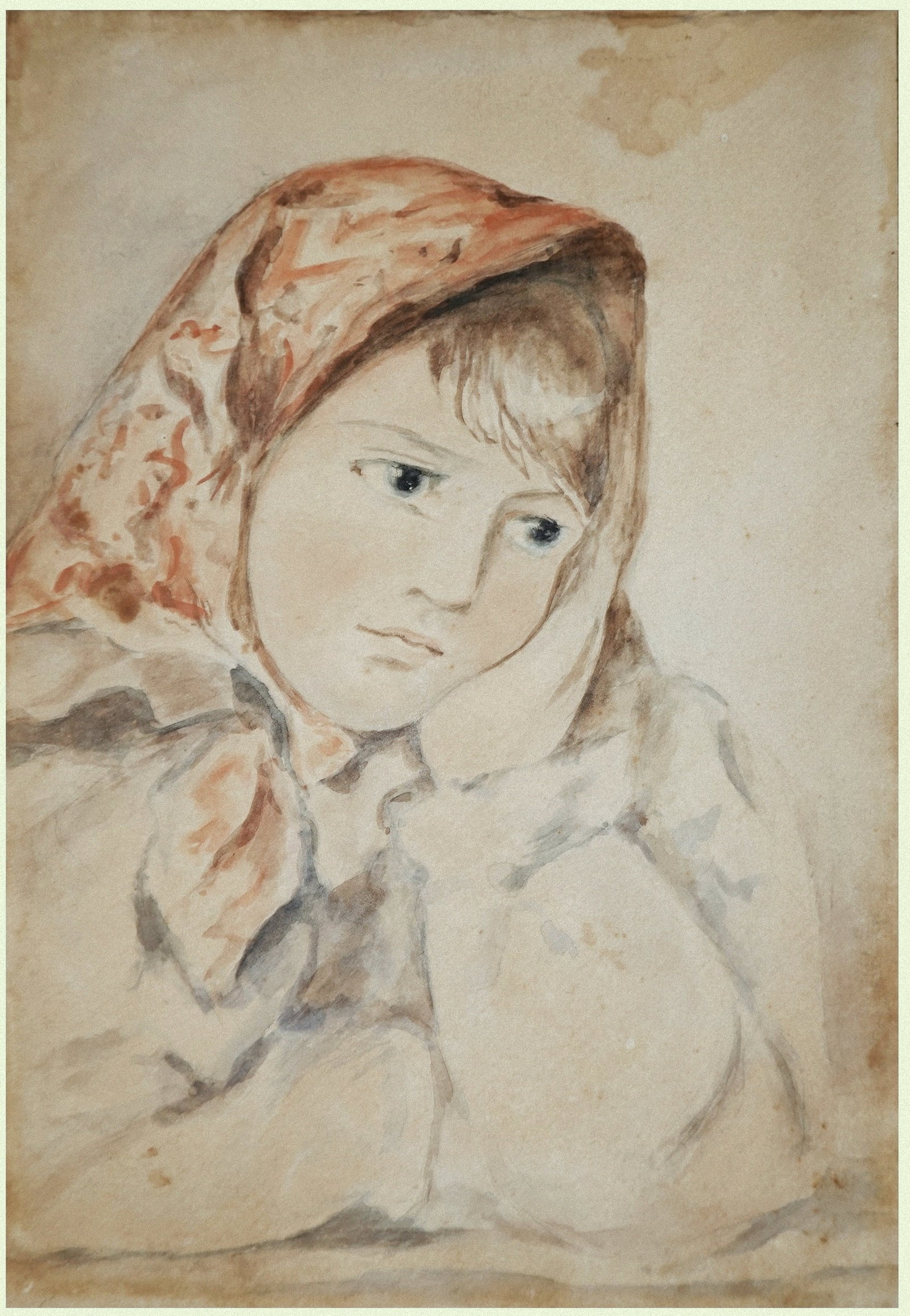 Latvian / European Modern Art painter (XX): Pensive girl in a headscarf, Watercolor on paper (attached to cardboard), 32 x 22 cm, Signed on the back