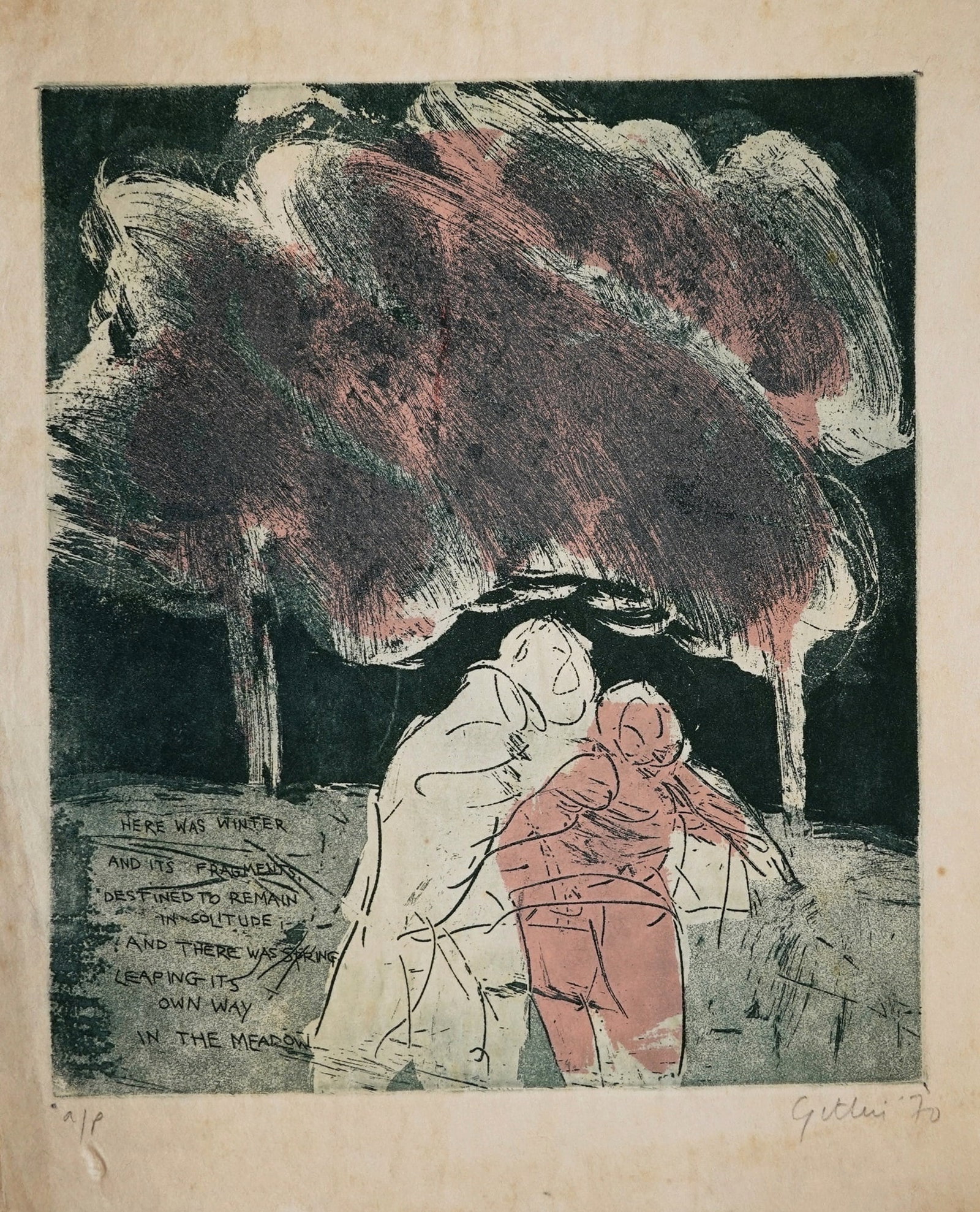 Michael Gitlin (American - Israeli, b. 1943): Couple in a Storm, 1970, Aquatint, Plate: 22 x 19 cm / Sheet: 30 x 22 cm, Signed, dated and approved "A.P."